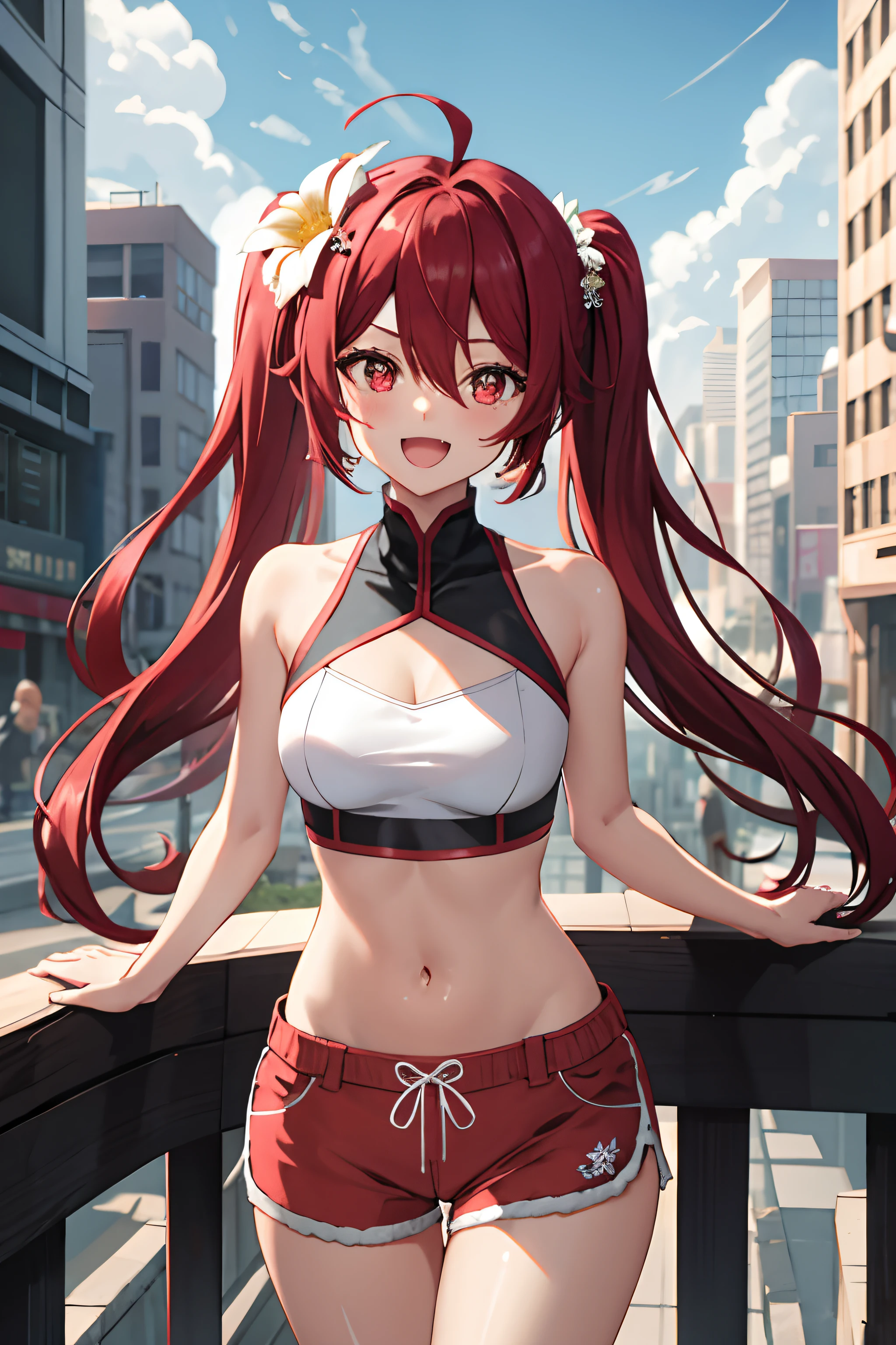 1girl, ((solo)), hutao_genshin, medium breasts, midriff, :d, flower, long hair, twintails, brown hair, red eyes, dated, hair between eyes, ahoge, symbol-shaped pupils, smile, flower-shaped pupils, fang, navel, bare shoulders, short shorts, hair ornament, shorts, open mouth, hair flower, red hair, blush, brown shorts, looking at viewer, city, cyberpunk city, city, street, modern city, sky, blue sky, clouds, ((sun)), looking at viewer, split, (best quality:1.1), (masterpiece:1.2), high quality shadow, beautiful detailed, (high detailed skin, skin details), (wide_landscape, 8k), beautiful face, detailed eyes, depth of field, dramatic light, best quality, best shadow, best illumination