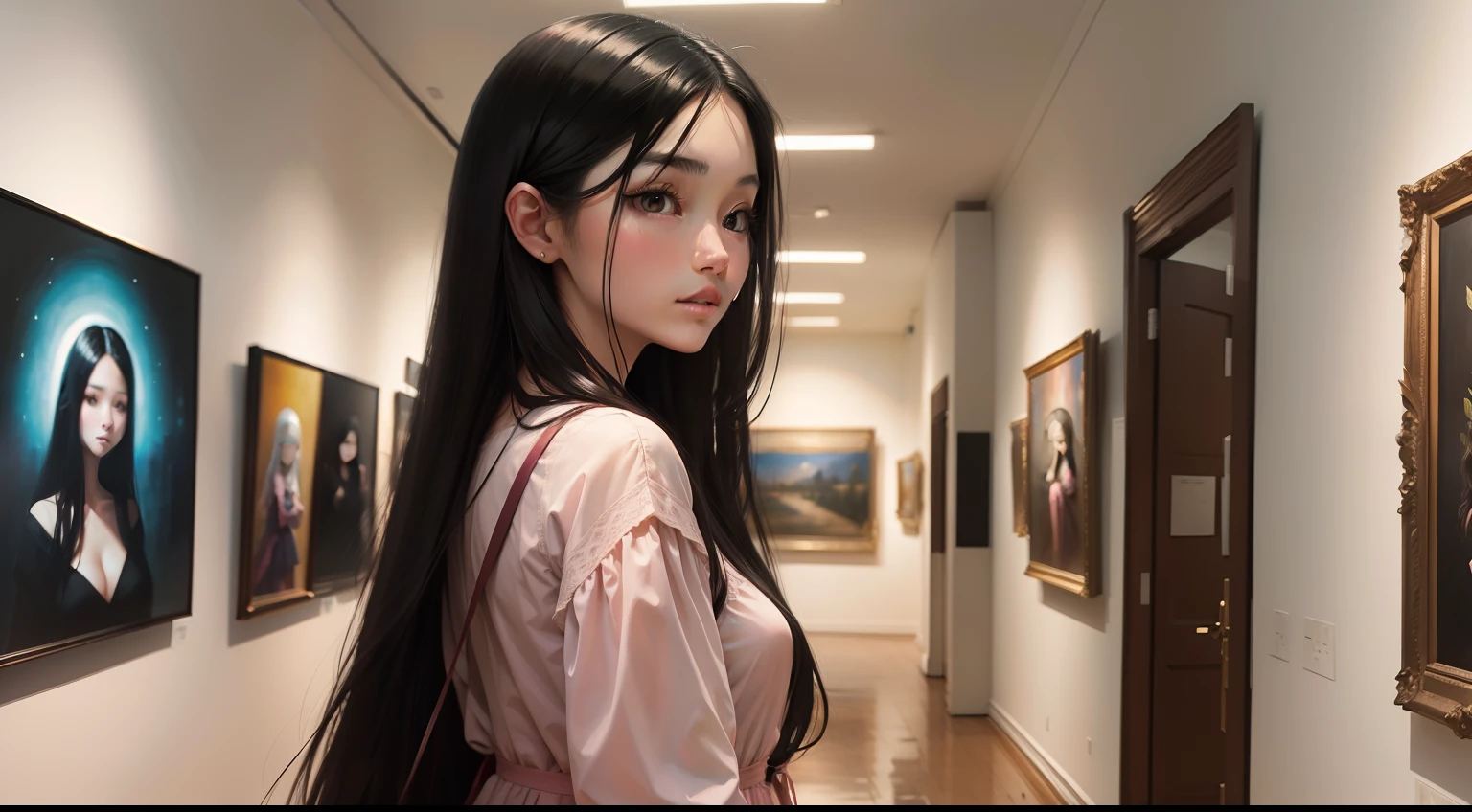 art gallery、A painting is a painting of a room、Beautiful woman with long black hair、Wearing a pink dress、20age