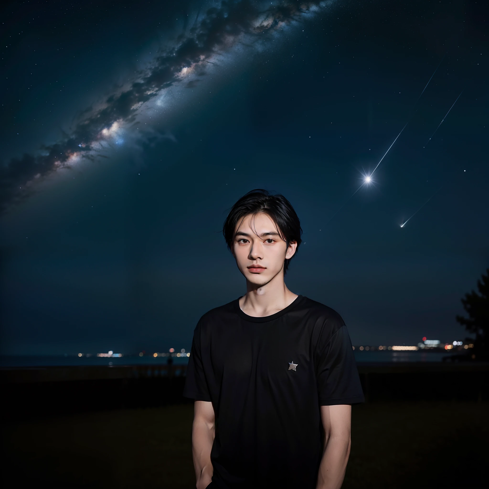 (Short black hair:1.2)、(Wear short sleeves:1.2)、(Good facial features:1.ung men:1.2),(dark night background:1.2)、(starrysky:1.1)、(The stars shine:1.2)。In this painting,A young man stands in the darkness of the night。He has short black hair,Wear a simple short-sleeved shirt,Show his youthful vitality。His facial features are very straightforward,It gives a handsome and tall feeling。The background is a dark night sky,The stars shine in the starry sky,It adds to the mystery and romance of the picture。The whole picture is full of mystery,One can't help but imagine the story of this young man