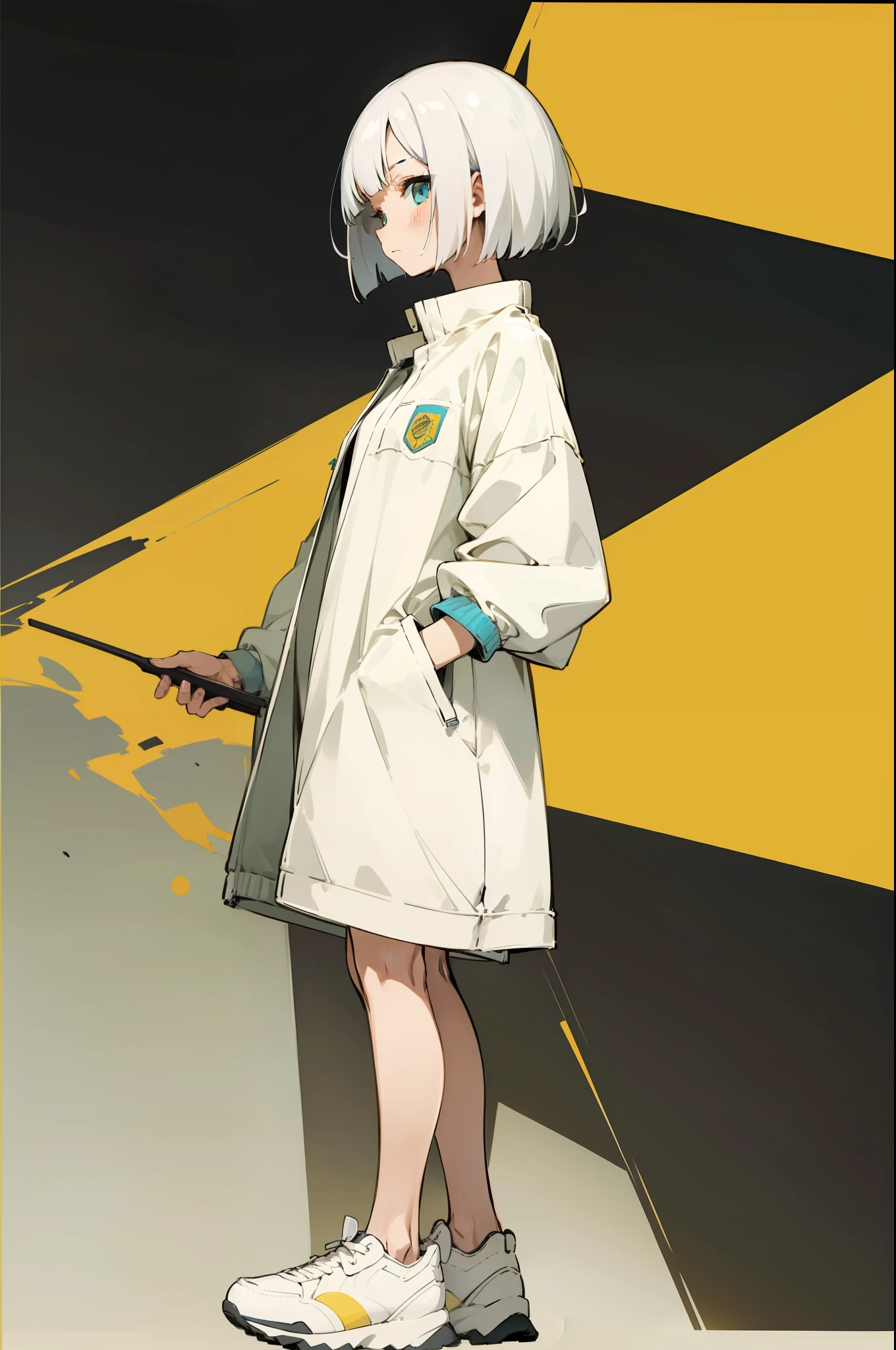 masutepiece, One girl, White Bob Cut, windbreaker, sneakers, spats, to stand, Have a lemon, Flat_Color