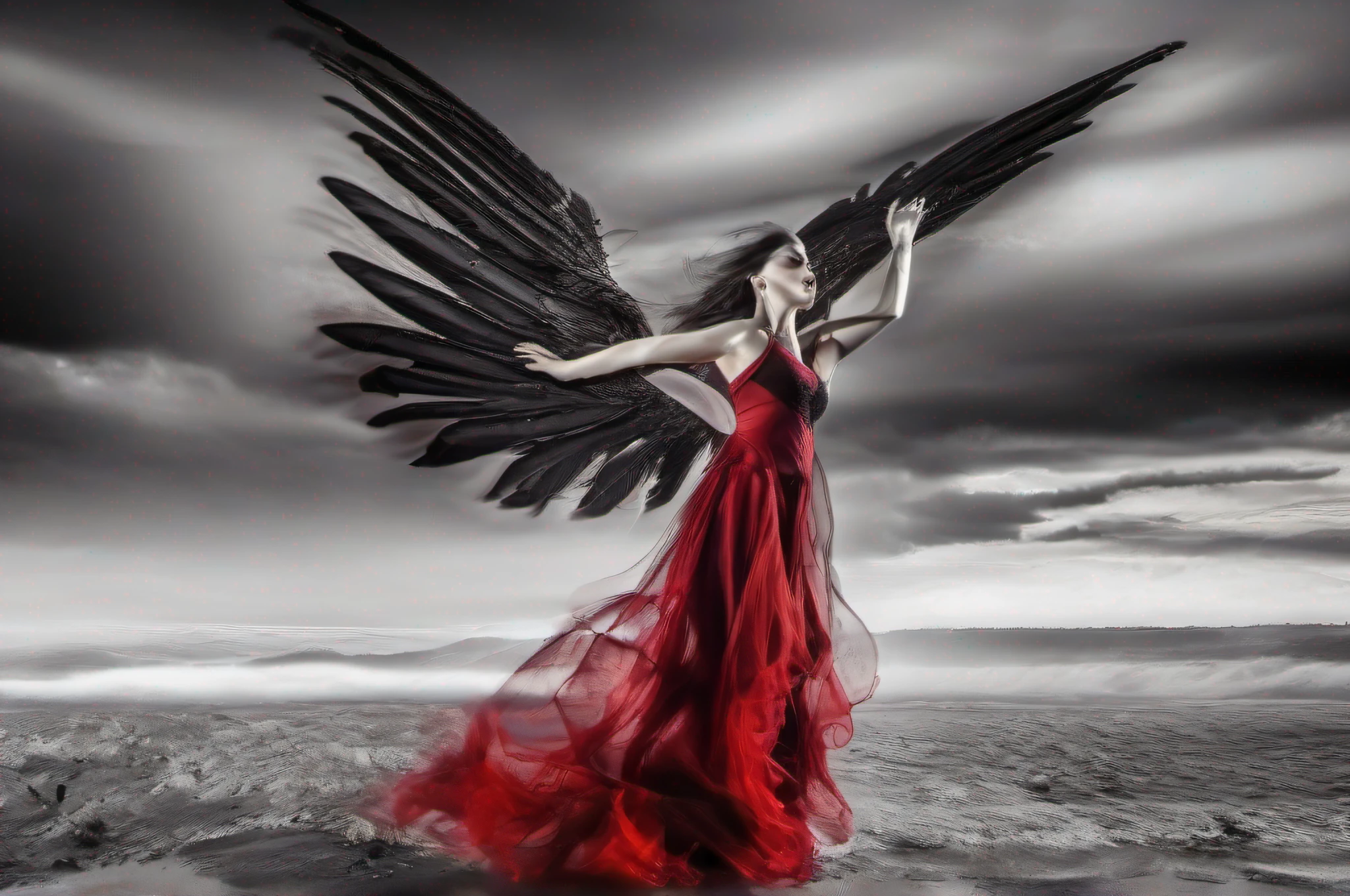 bonita, hermosa, and cruel sexy evil fallen angel woman with huge wings, con un vestido semitransparente rojo en movimiento, bailando en movimiento, sobre un charco de sangre, mirando a la camara y moviendose con gracia