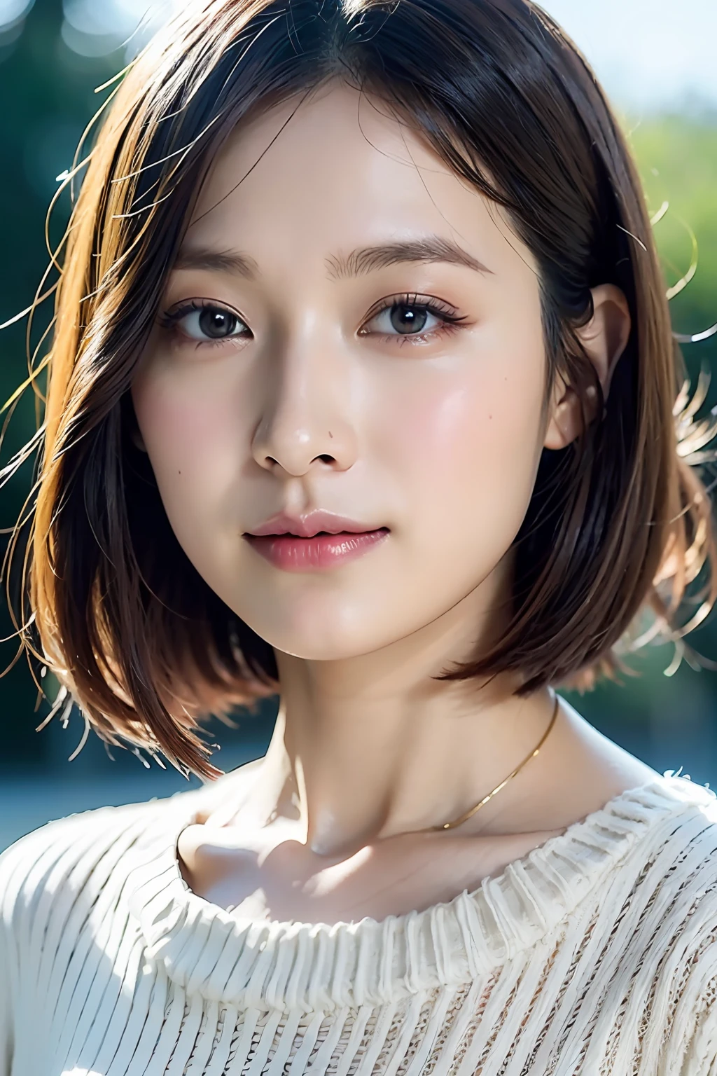 (Best Quality, 8k, 32k, Masterpiece, UHD: 1.2), Japan Beauties, Big, Very Short Bob Hair, Upper Body, Face Focus, Sweater, Simple Background, Watch Viewers