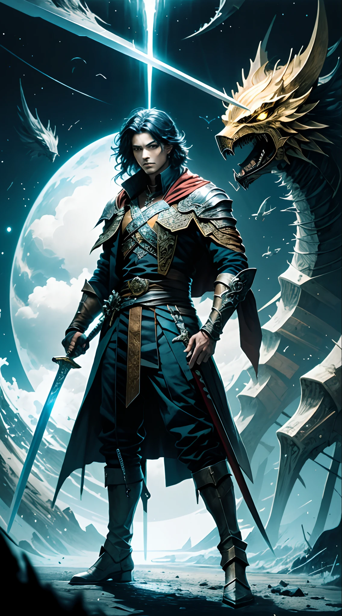 A man stands on the multiverse with a sword in his hand