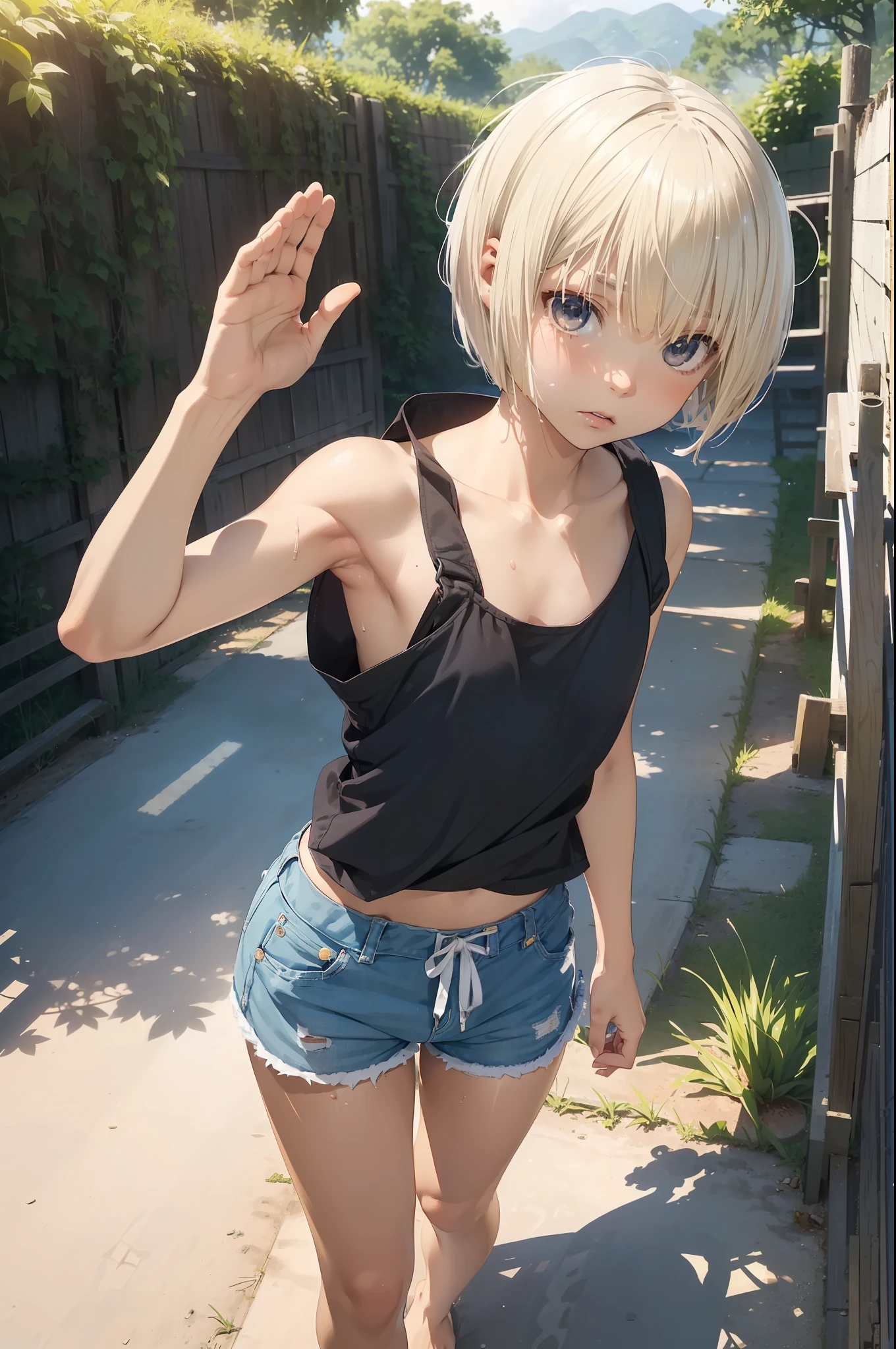 illustration, (pov, looking at viewer, full body), (beautiful Japanese teenage, 17yo), ((solo)), (blonde hair, (extra short hair:1.7), buzz cut, short bangs, messy hair), (Beautiful Face, (jitome:1.8)), (open mouth, expressionless), (tiny, flat chest, (dark skinned:1.2), sweaty skin), ((tank-top), dolphin shorts, ((flip-flops)), barefoot,), (raise one hand, waving at viewer, walking), (a hand has a thumb and four fingers), (outside, rural, village, summer, shiny sun lighting, natural sunlight, windy, light leaks, depth of field, bokeh),