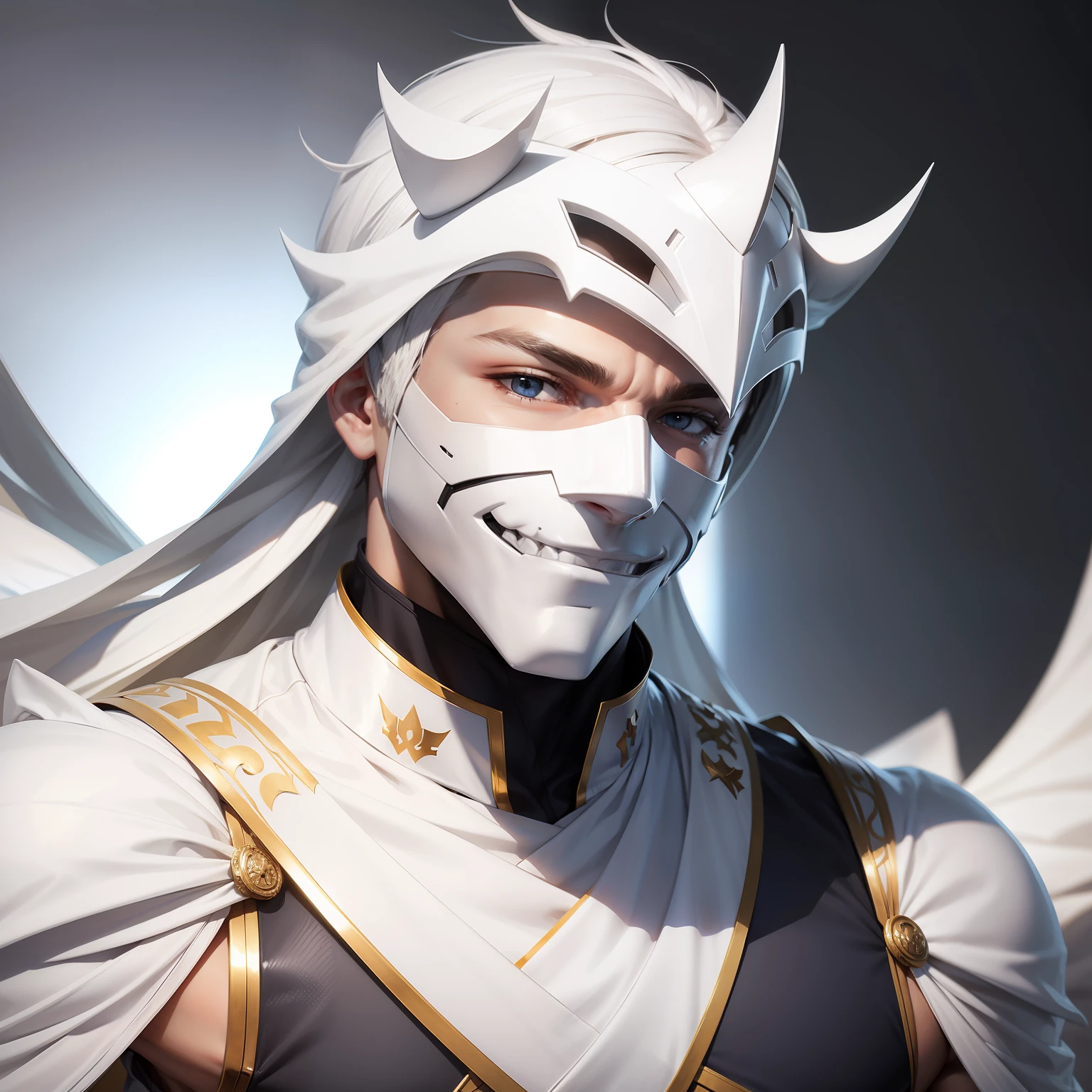 "Perfected: Man wearing a white mask with a sad smile, melhor qualidade, gestualizando, frontal, white mask, Smyle Mask"