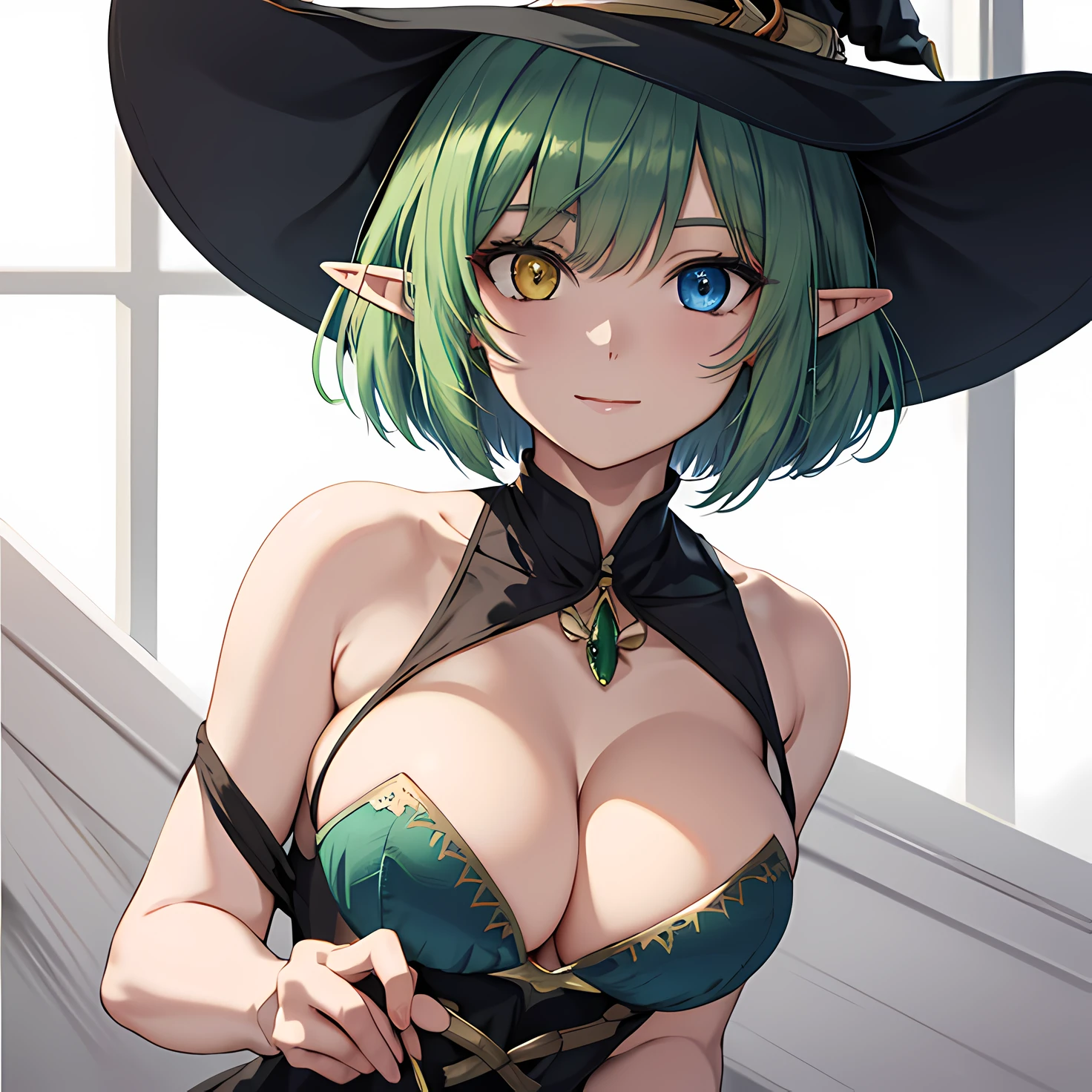 masterpiece, one woman, detailed face, Solo, Dynamic Pose, soft Smile, Cinematic Lighting, Best Quality, 8k, 32k,1 Girl, (green hair)+(bob cut hair), (Heterochromia)+(Golden eyes)+(Blue eyes), (breasts:1.6), elf ears, hair ornament, witch hat