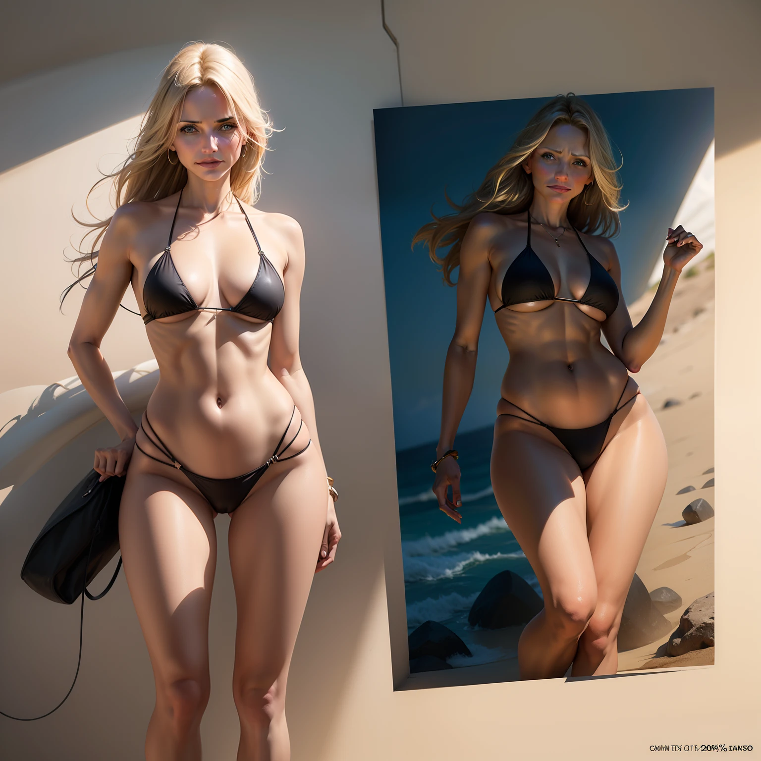 **Cameron Diaz wearing a string bikini, concept art, 4k** - (78%) (fast)