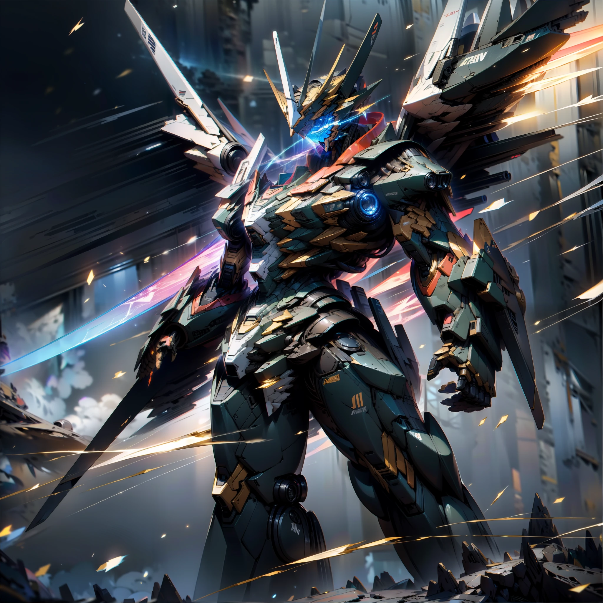best qualtiy,tmasterpiece,Extremely refined and beautiful,Extremely detailed 8K,finely detailled,tmasterpiece,Best quality at best,8k wallpaper,High quality texture,Complicated details,Detailed texture,Highqualityshadow,War-torn background,Gray sky,galactic,Huge Freedom Gundam (Full of technology),The Freedom Gundam is very elaborately constructed,Gundam has a pair of wings on its back(Full of technology,With colored light effects)Maintain a fighting stance,One left hand holds a weapon(Long rifle,Weapon details are full),One holds a laser sword in his left hand(Waving movements)