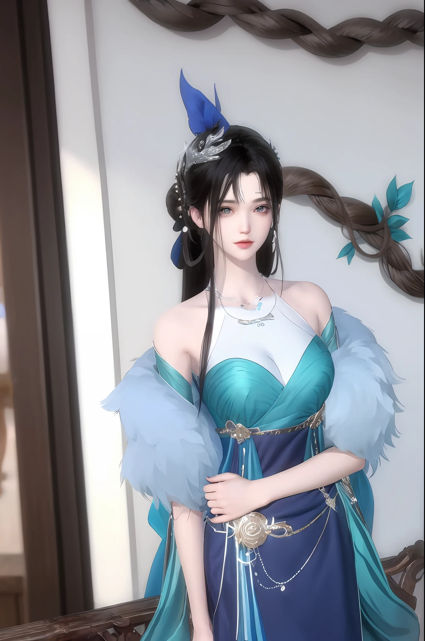 （best qualtiy，tmasterpiece：1.2），超高分辨率，realisticlying，Front lighting，Complicated details，Exquisitedetailsandtextures，（1girll），独奏，The upper part of the body，Blue Hanfu，Petal pattern，Nice big eyes，a blue dress，beauitful face，facing to audience，Streamers，gossamer，（年轻），Facial highlights，Detal Face，tear-mole，white skinned，Silvery hair，High ponytail，looking at viewert，largeeyes，（Openwork pattern），耳Nipple Ring，slimfigure，white backgrounid，correct hand，profesional lighting，photon maping，Radio City，physically-based renderingt