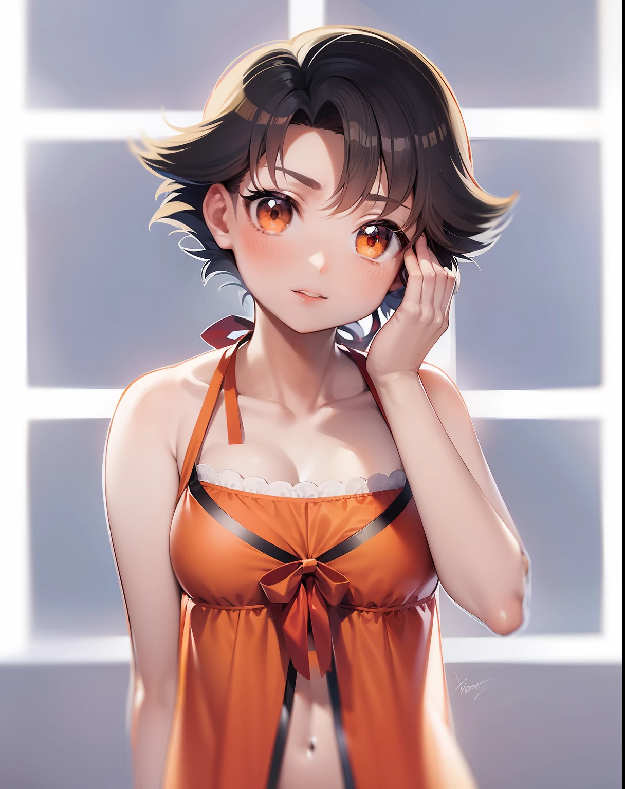 Anime boy in bra with orange bow on head, aya takano color style, Makoto, Rin, marin kitagawa fanart, garments:bra very, Shota, natsumi mukai artwrok