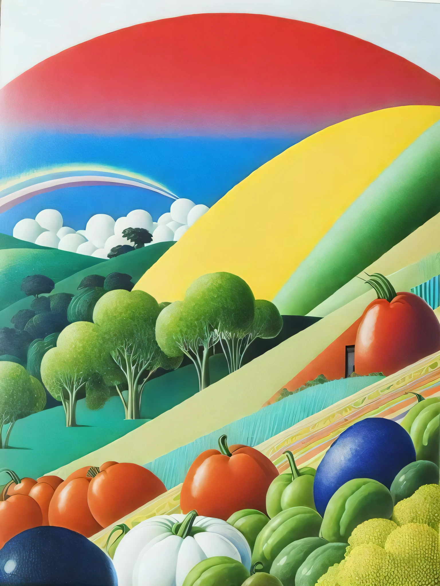 a painting of a variety of vegetables on a hill with a rainbow in the background by Hiroshi Nagai