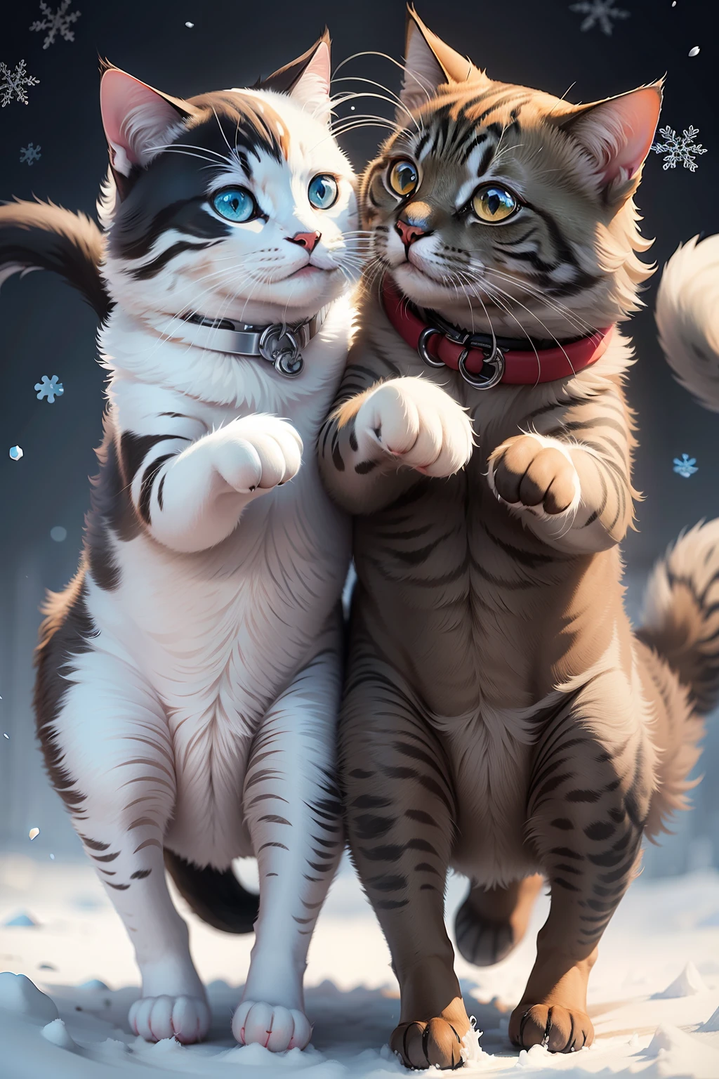 Cats and dogs run together in the dancing snowflakes，2d，cartoony