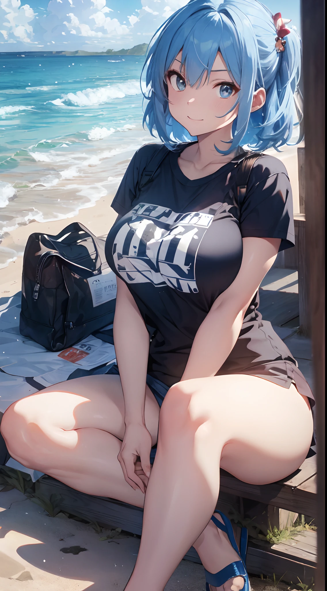 (NSFW:1.2), (8K, Raw photography, Top image quality, tmasterpiece: 1.4), ultra highly detailed, (realisitic, photoreallistic: 1.48), 1girl in, Solo Focus, type moon style, Kyoto Animation Style, short-length hair, (blue hairs:1.7), Blunt bangs, Hair Between Eyes, Clear eyes, side locks, White hair, Shiny hair, beautiful detailed cold face, Seductive smile, angry, complex details beautiful and delicate eyes, bare_shoulders, huge-breast, Gray eyes, White skin, Hair Ornament, (((T-shirt))), swim ring, swimsuit, beautiful bare back, Sandals, Skindentation, 鎖骨, bare_Legs, beach, Beautiful detailed sky, White sand, tree, very precise details, absurdist, Extremely detailed, 16k wallpaper,remrezero