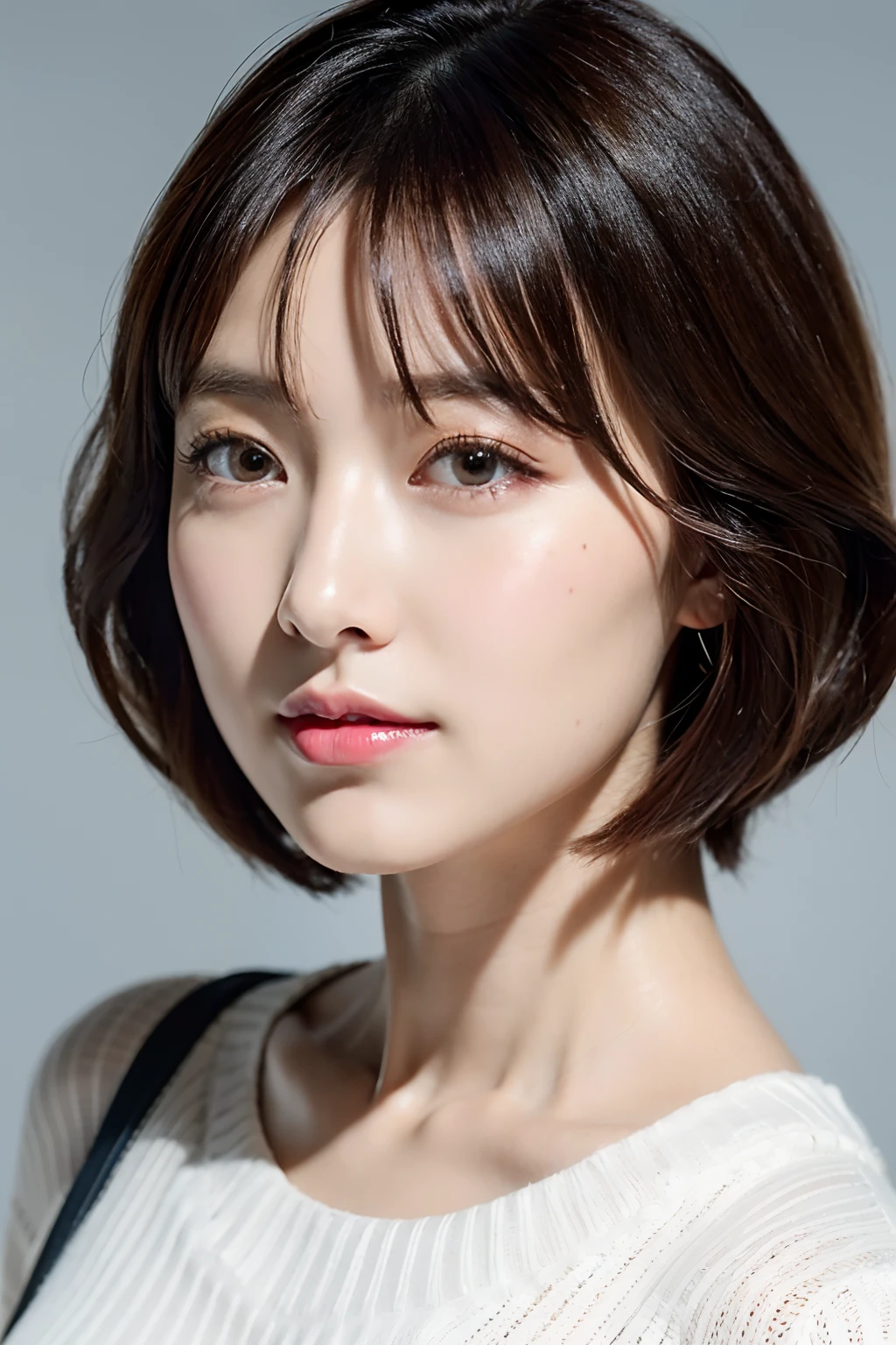 (Best Quality, 8k, 32k, Masterpiece, UHD: 1.2), Japan Beauties, Big, Very Short Bob Hair, Upper Body, Face Focus, Sweater, Simple Background, Watch Viewers