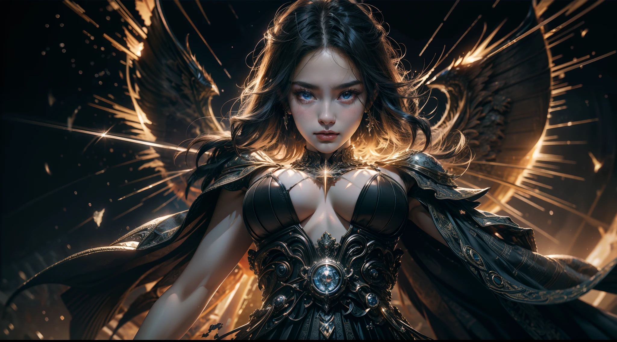 （（best qualtiy））， （（tmasterpiece））， （（Realistis））， （A detailed）， （realisticlying：1.5），illusory engine， (High detail: 1.9)，（femele：1.4），（big breasts beautiful： 1.4),(carismatic:1.3)， （Large breasts）， Bat wings，beuaty girl，beauitful face， looking at viewert， dynamicposes， The background is a starry sky，Starcloud，solar eclipse，mystic symbols，crosses，The eye，火焰，hdr， Ray traching， NVIDIA RTX， Hyper-Resolution， Unreal 5， sub surface scattering， PBR textures， Post-processing， Anisotropic filtering， depth of fields， Maximum clarity and sharpness， trichotomy，8K original，（Luminous Particle：1.4），（VerydetailedCG，Unity 8k壁纸，cinmatic lighting，lens flare glow），Reflectors，Sharp focus，black toga，Raised sexy