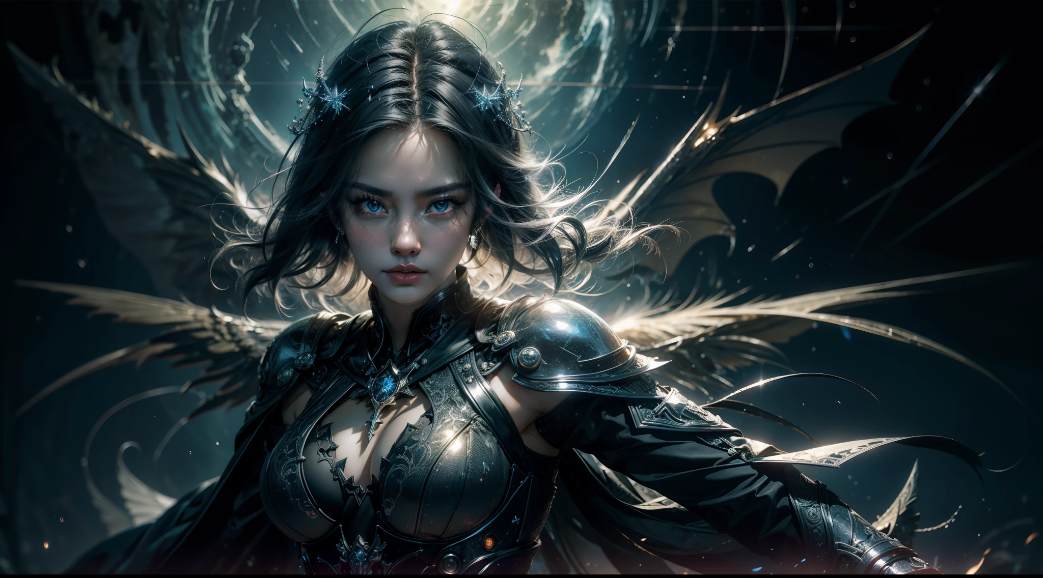 （（best qualtiy））， （（tmasterpiece））， （（Realistis））， （A detailed）， （realisticlying：1.5），illusory engine， (High detail: 1.9)，（femele：1.4），（big breasts beautiful： 1.4),(carismatic:1.3)， （Large breasts）， Bat wings，beuaty girl，beauitful face， looking at viewert， dynamicposes， The background is a starry sky，Starcloud，solar eclipse，mystic symbols，crosses，The eye，火焰，hdr， Ray traching， NVIDIA RTX， Hyper-Resolution， Unreal 5， sub surface scattering， PBR textures， Post-processing， Anisotropic filtering， depth of fields， Maximum clarity and sharpness， trichotomy，8K original，（Luminous Particle：1.4），（VerydetailedCG，Unity 8k壁纸，cinmatic lighting，lens flare glow），Reflectors，Sharp focus，black toga，Raised sexy