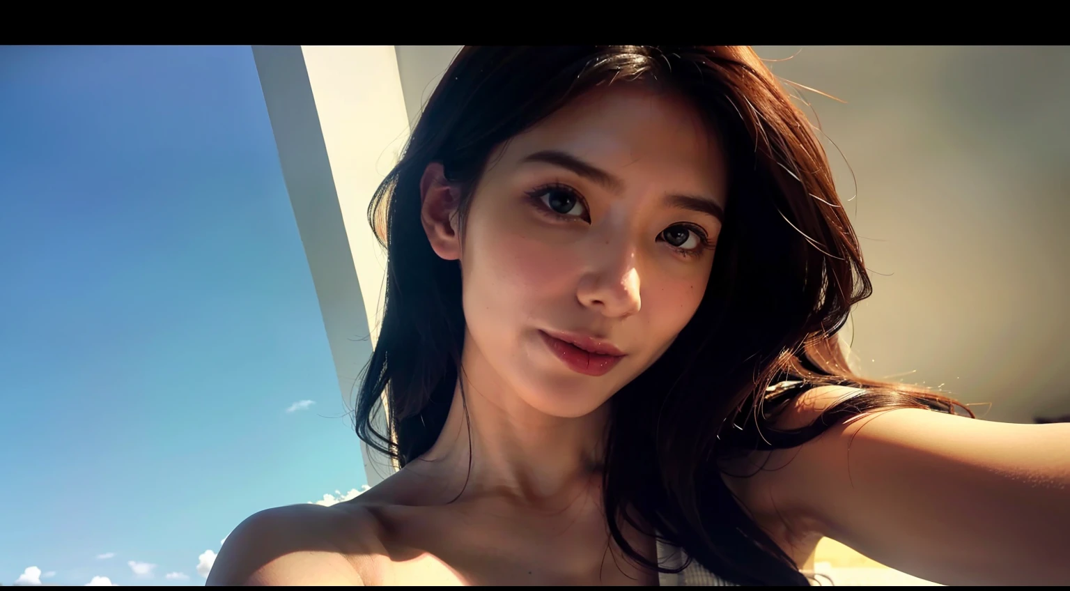 ((Upper body selfie, cheerfulness)), 1girll, long whitr hair, tmasterpiece, best qualtiy, ultra - detailed, 独奏, exteriors, tennis court, tennis racket, shadowing, to contrast, sunny clear sky, analogue style (looki at viewer:1.2) (skin textures) (filmgrain:1.3), (a warm color palette,a warm color palette) :1.2), closeup cleavage, cinematric light, Sideslit, 超高分辨率, Best shadow, primitive, The upper part of the body, , In Kodak Vision 3
