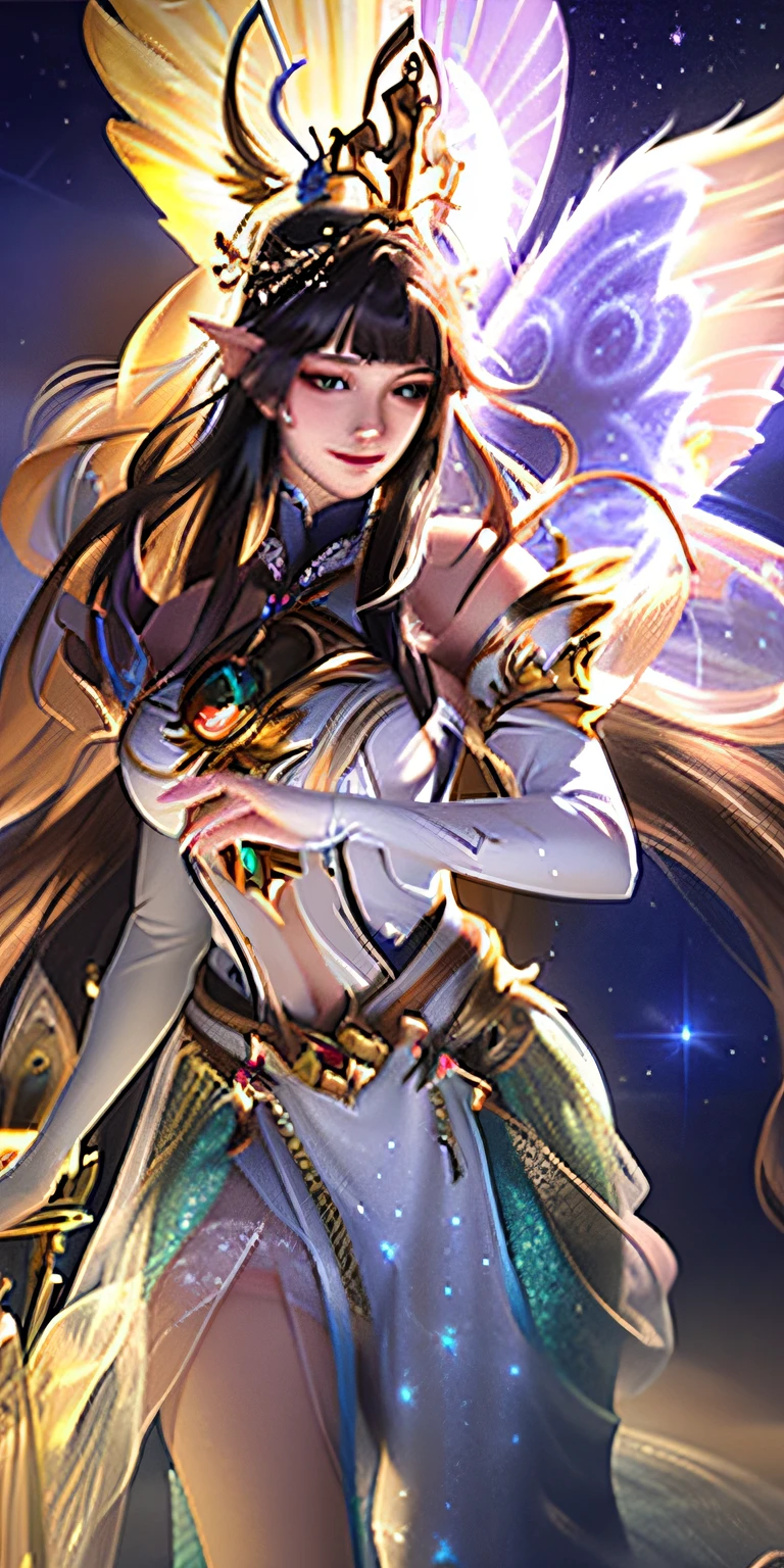 Generate a photorealistic and captivating scene featuring a resplendent divine girl, her countenance exuding celestial grace and wisdom. She stands in an ethereal realm aglow with cosmic light, her attire adorned with shimmering fabrics that mirror the stars' brilliance. With an air of confidence, she holds a magnificent bow crafted from pure, radiant gold. The bow's intricate design showcases cosmic motifs – constellations, galaxies, and nebulous patterns – seamlessly integrated into its form. Her eyes, reflecting the universe's mysteries, meet the viewer's gaze as stardust-like hair cascades elegantly. The scene is bathed in a warm, celestial radiance, emphasizing both her divine nature and the intricate details of the surroundings. The overall atmosphere evokes a sense of ancient cosmic power and timeless enchantment, as if the girl is the embodiment of celestial guardianship