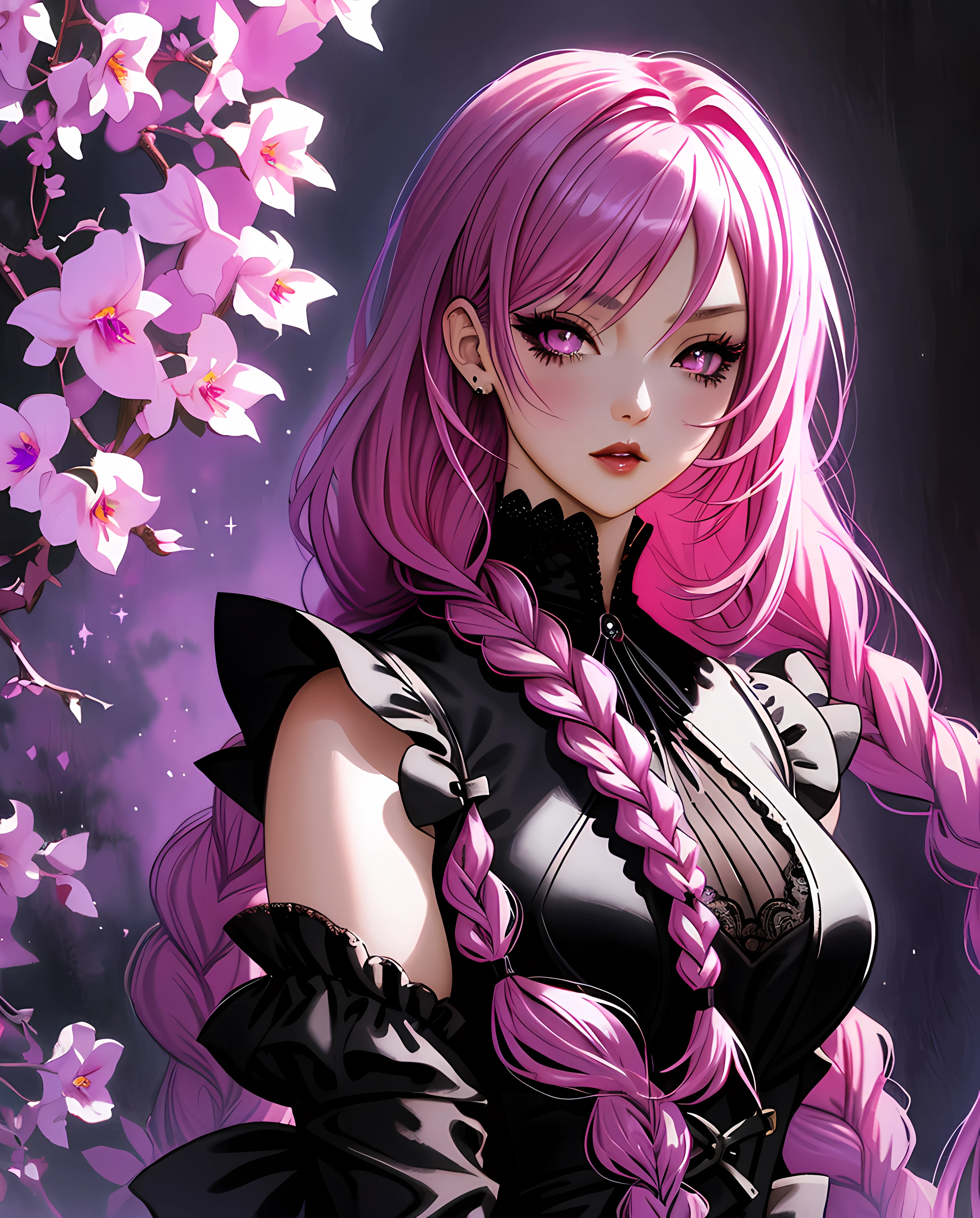 sticker, anime Vampire girl, long pink hair, (black streak braids), gothic style, roses in hair,dark black eyelashes, lilac irises, big breasts, black lace dress, digital illustration, comic style, gothic renaissance, perfect anatomy, centered, approaching perfection, dynamic, highly detailed, watercolor painting, artstation, concept art, smooth, sharp focus, illustration, art by wlop and ross tran, glitter, pink and violet tetradic colors