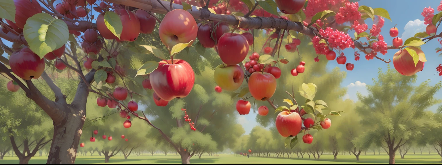 There are many apples hanging from the trees in the orchard, apple trees, red apple, The best texture,超高分辨率,(Realism 1.4)