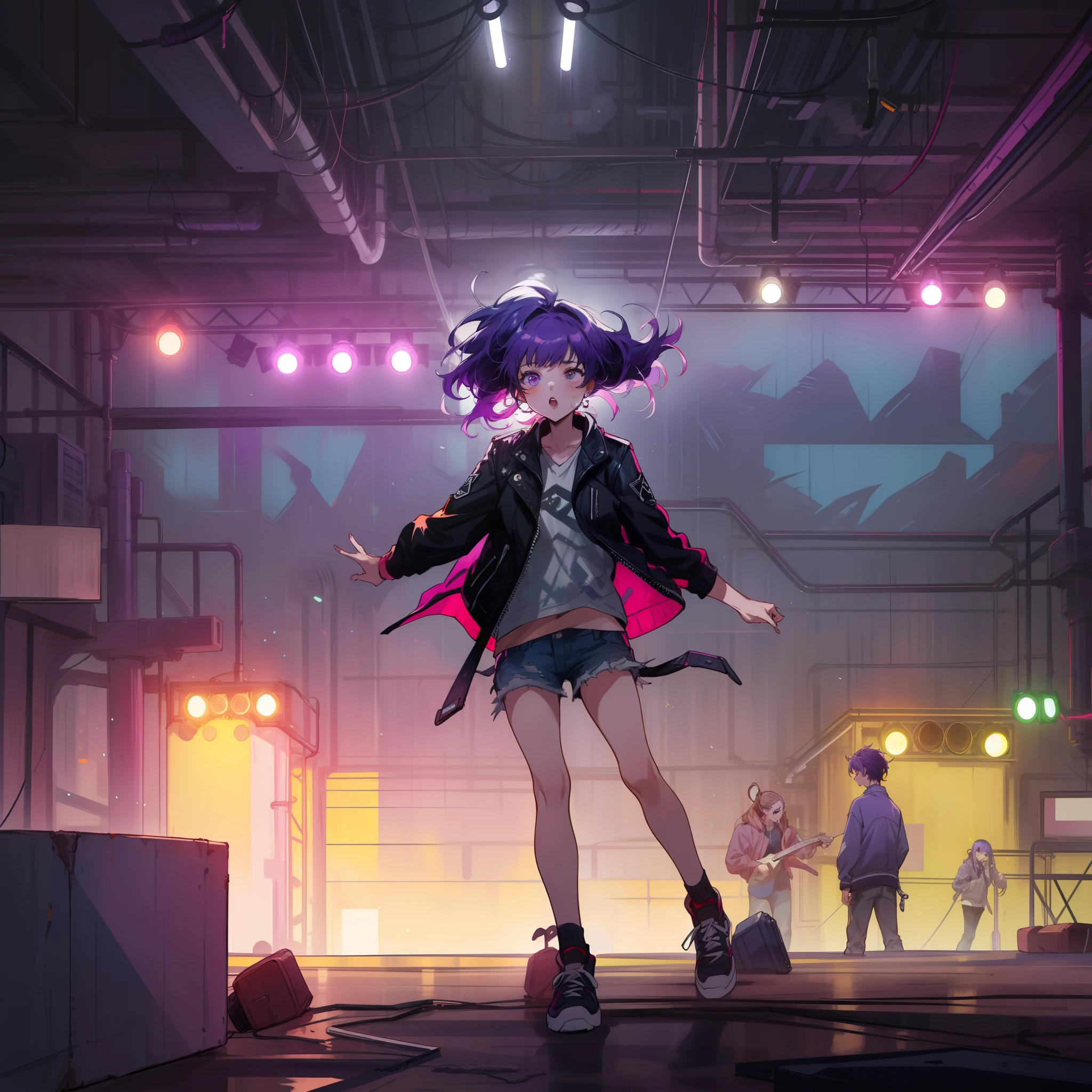 by Alice Pasquini and alena aenami, punk girl, purple hair, wild hair, leather jacket, concert lights (Highest Quality, Amazing Details:1.4), Masterpiece, Sharp Focus