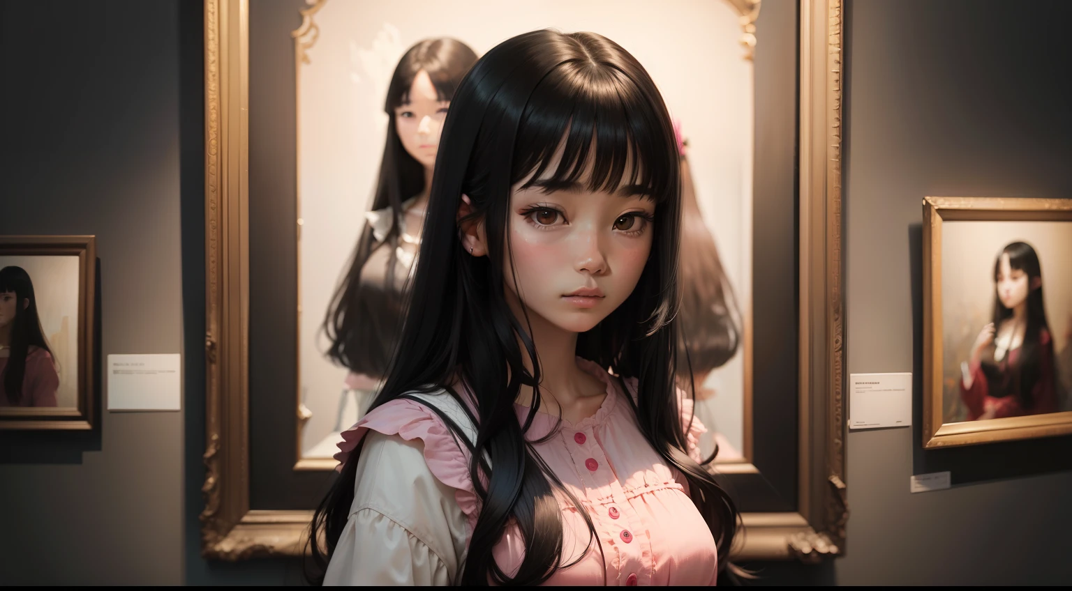 art gallery、A painting is a painting of a room、Beautiful woman with long black hair、I have bangs、Wearing a pink dress、３０age、Facing the front
