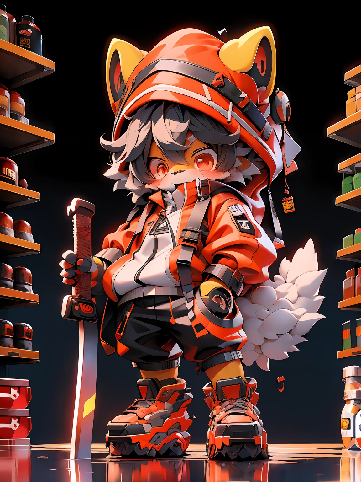 BREAk, Master Masterpiece, High Resolution, 8k, Detailed Background, High Quality, BREAk, BREAk, (Yellow Fur, Black Sclera, Red Eyes, Fluffy Fur, Detailed Fur)) Furry, Broken, Masculine, Boy, Humanoid, Sweatshirt, Hood, (Cyberpunk, Supermarket, Mechanized, Japanese Katana), Solo, (by Dagasi: 0.8)