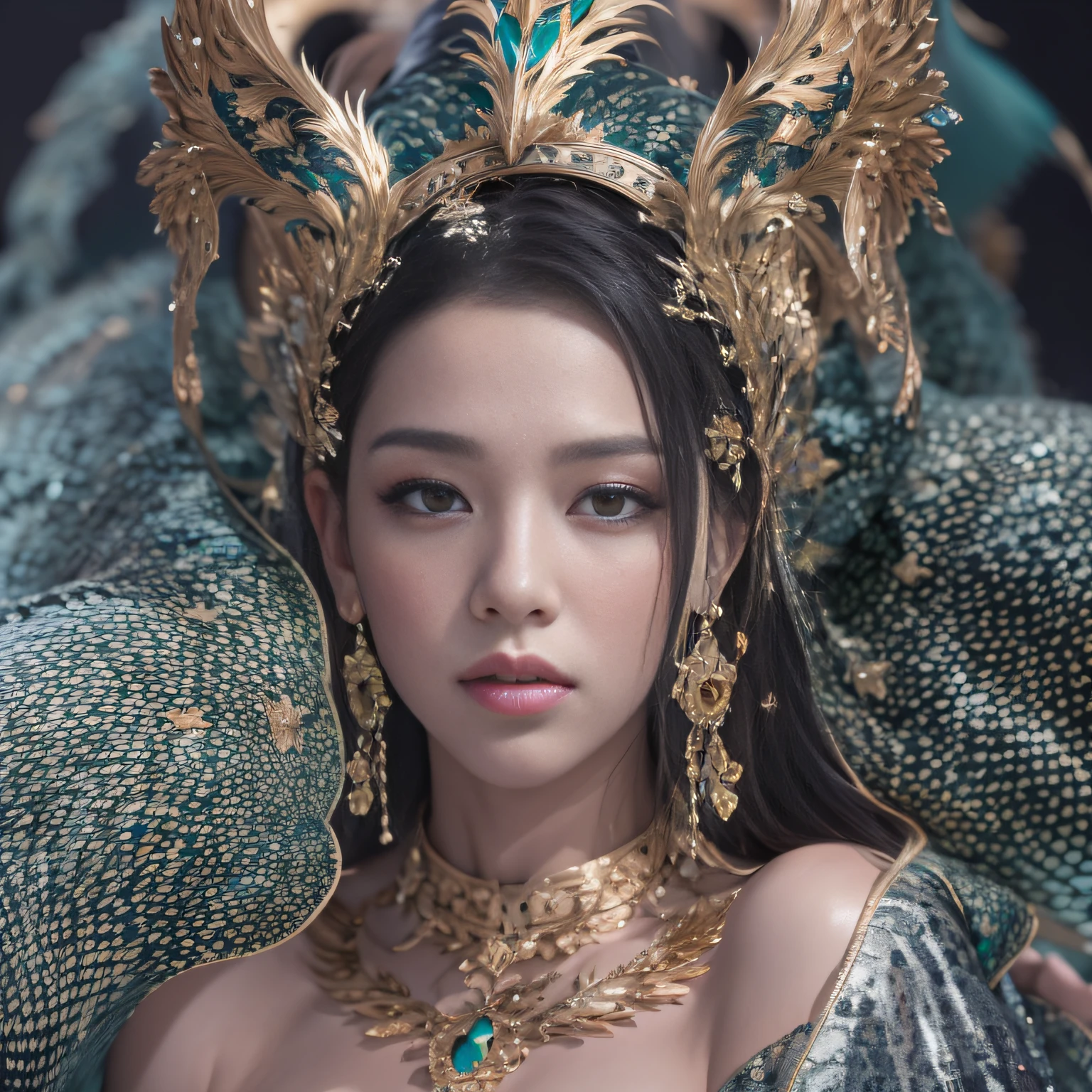 16k(tmasterpiece,k hd,hyper HD,16k)short detailed hair,Gold jewelry area in the back room,Oversized floor for ladies ,Silver Dragon Protector (realisticlying:1.4),Python pattern robe,Purple-pink tiara,Snowflakes fluttering,The background is pure,Hold your head high,Be proud,The nostrils look at people, A high resolution, the detail, RAW photogr, Sharp Re, Nikon D850 Film Stock Photo by Jefferies Lee 4 Kodak Portra 400 Camera F1.6 shots, Rich colors, ultra-realistic vivid textures, Dramatic lighting, Unreal Engine Art Station Trend, cinestir 800,Hold your head high,Be proud,The nostrils look at people