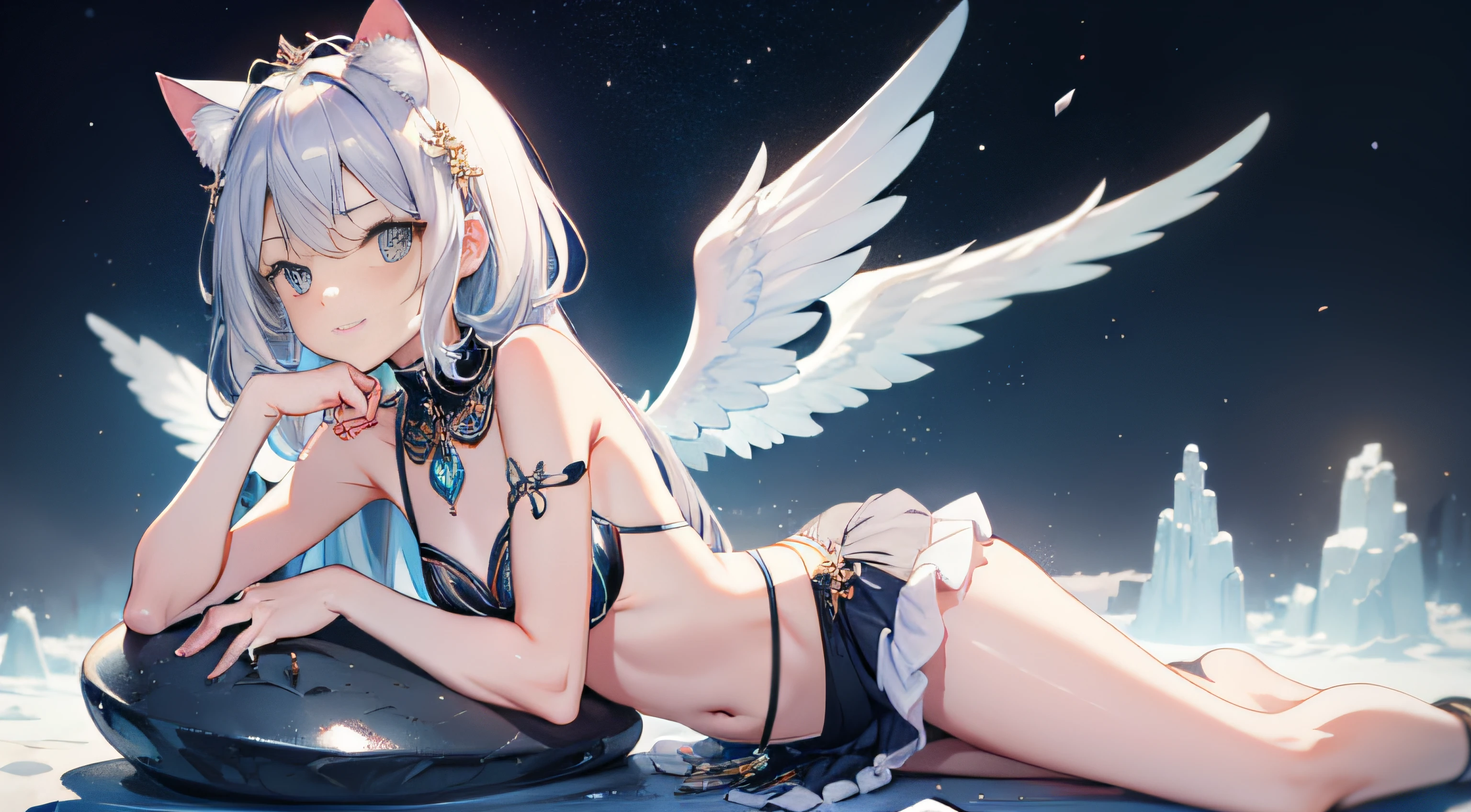 4K Ultra Clear，tmasterpiece，Beautiful 2D style，Night's，Clear face，A ring that wraps around the back，Sit sideways on a stone，Petite body，Silver hair，Small chest，Showing the belly，the angel's wings，Wear a skirt with an intricate texture underneath，It has cat ears on its head，intricate headpiece，smiling expression，Bright background，A lone，Teenage girls in Asia