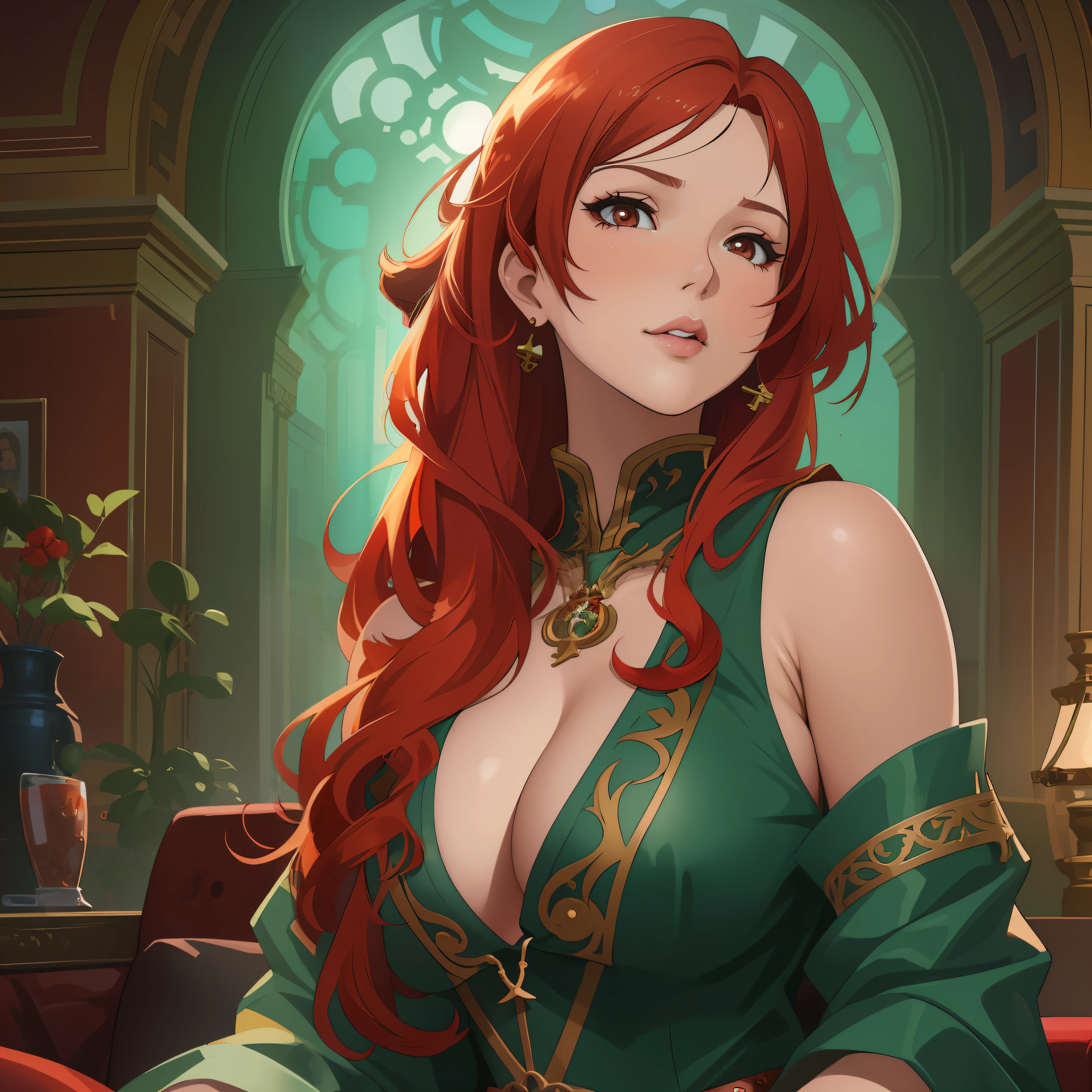 a close up of a woman with red hair sitting on a couch, extremely detailed artgerm, artgerm on artstation pixiv, cushart krenz key art feminine, artgerm lau, style artgerm, artgerm portrait, artgerm. anime illustration, artgerm detailed, stanley artgerm lau