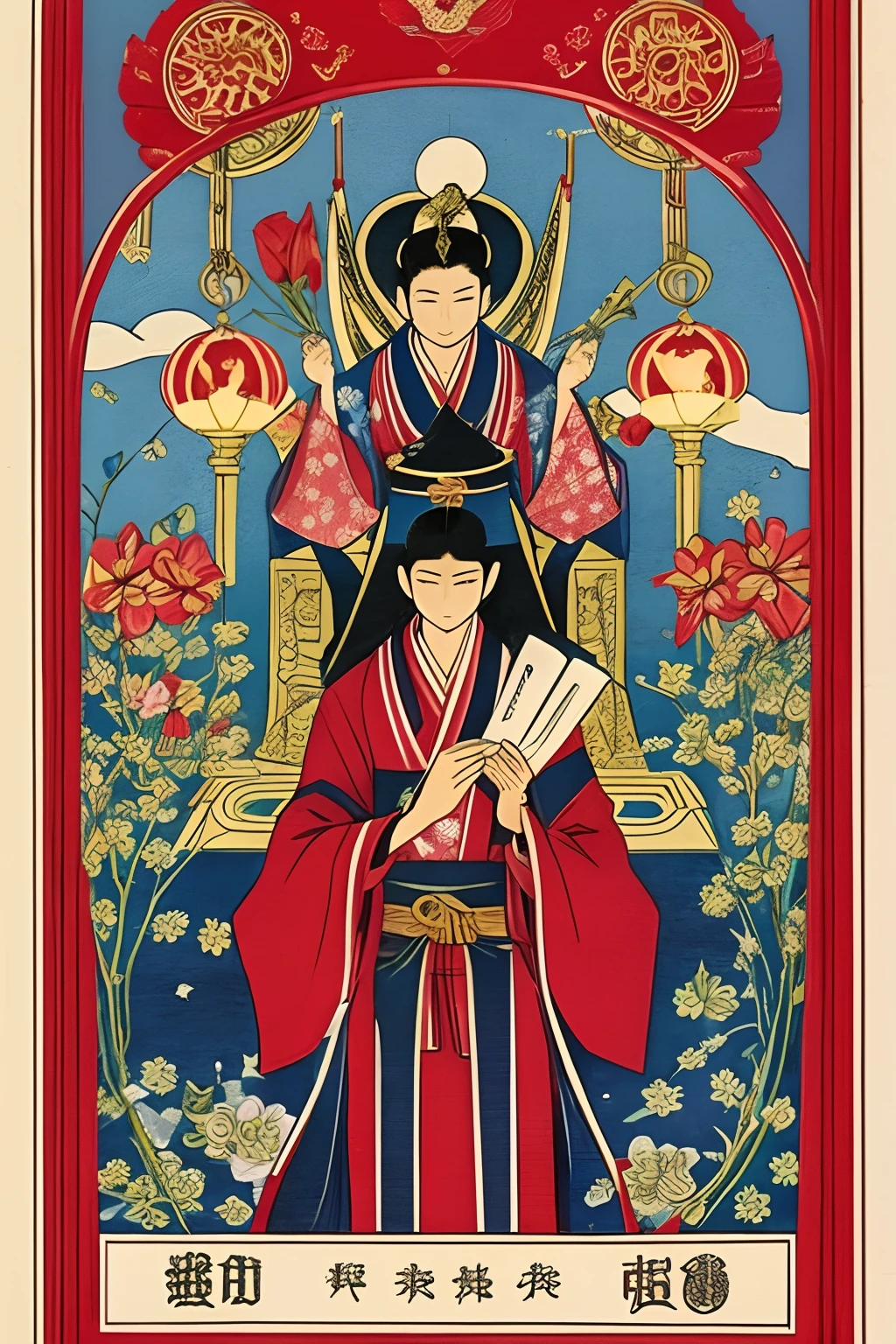 Tarot Cards、magician、Ryukyu Kingdom、kimono、beautiful male、myterious、Print-like illustrations、Holding up a candle、Red and white flowers、