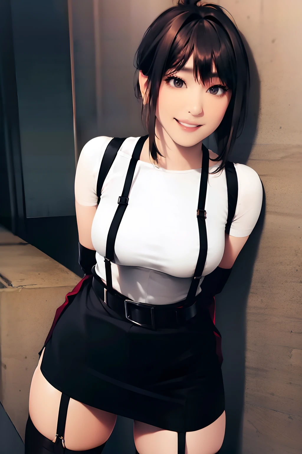 a belt suspenders Black miniskirt neck tie Black tank top Black stockings Brown hair poneyTail Gray eyes holster bobby Garter belt on the legs Brown hair a smile piece Moderate breasts