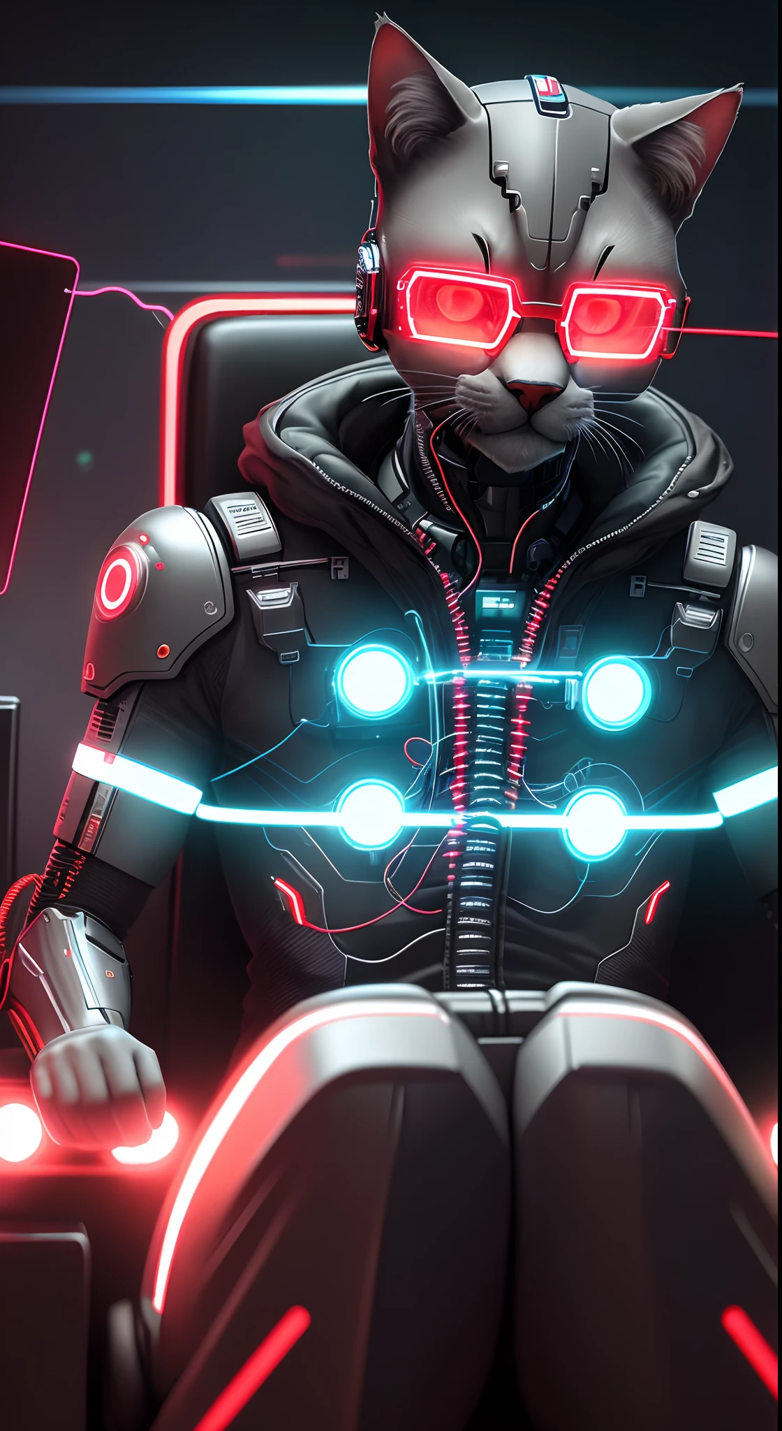 Crie um gato meio humano cyborg, sentado num trono tecnologico, Cyberpunk, red transparent glasses, electronic panels, leds, obscuro, multiple wires connected to it, obra prima melhor qualidade
