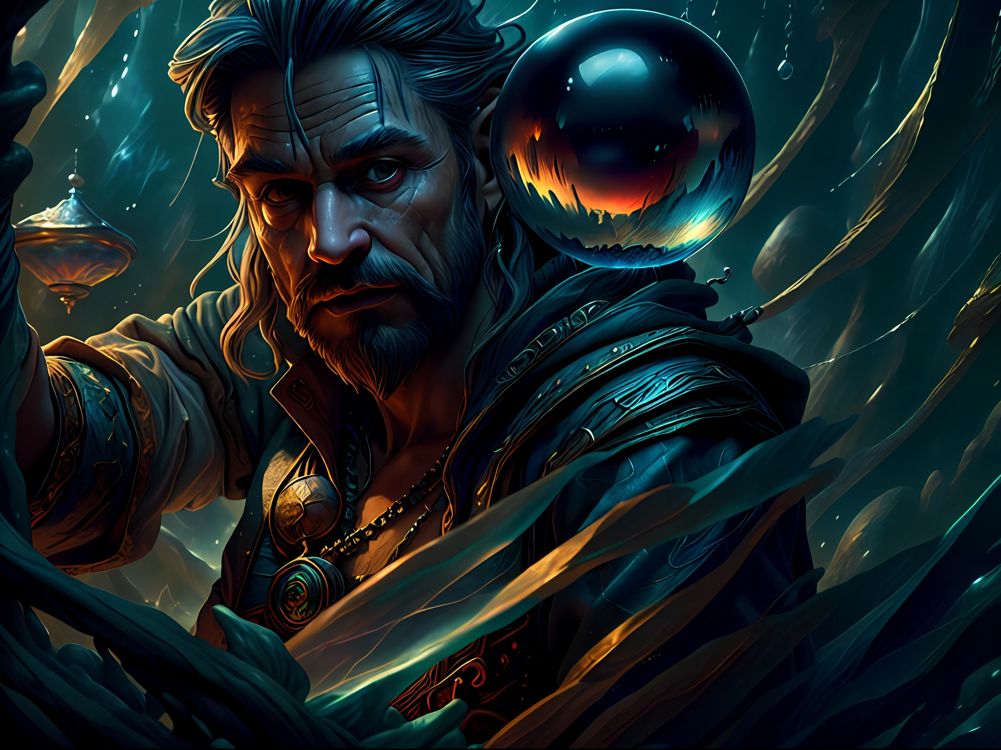 high details, best quality, 8k, [ultra detailed], masterpiece, best quality, (extremely detailed), dynamic angle, ultra wide shot, photorealistic, RAW, fantasy art, dnd art, fantasy art, realistic art, a wide angle landscape view wallpaper of a wizard (intense details, Masterpiece, best quality: 1.5) looking into his crystal ball (intense details, Masterpiece, best quality: 1.5), casting a spell in his magical laboratory, human male wizard, fantasy wizard (intense details, Masterpiece, best quality: 1.5), D&D wizard, middle aged man (intense details, Masterpiece, best quality: 1.5), dynamic hair, dynamic eyes, wearing magical robe (intense details, Masterpiece, best quality: 1.5), dynamic colors, ultra detailed face (intense details, Masterpiece, best quality: 1.5), manipulating blue magical energy, in his laboratory (intense details, Masterpiece, best quality: 1.5), many magical tomes, magical library (intense details, Masterpiece, best quality: 1.5),  many magical vials, ultra wide angle from a medium distance,