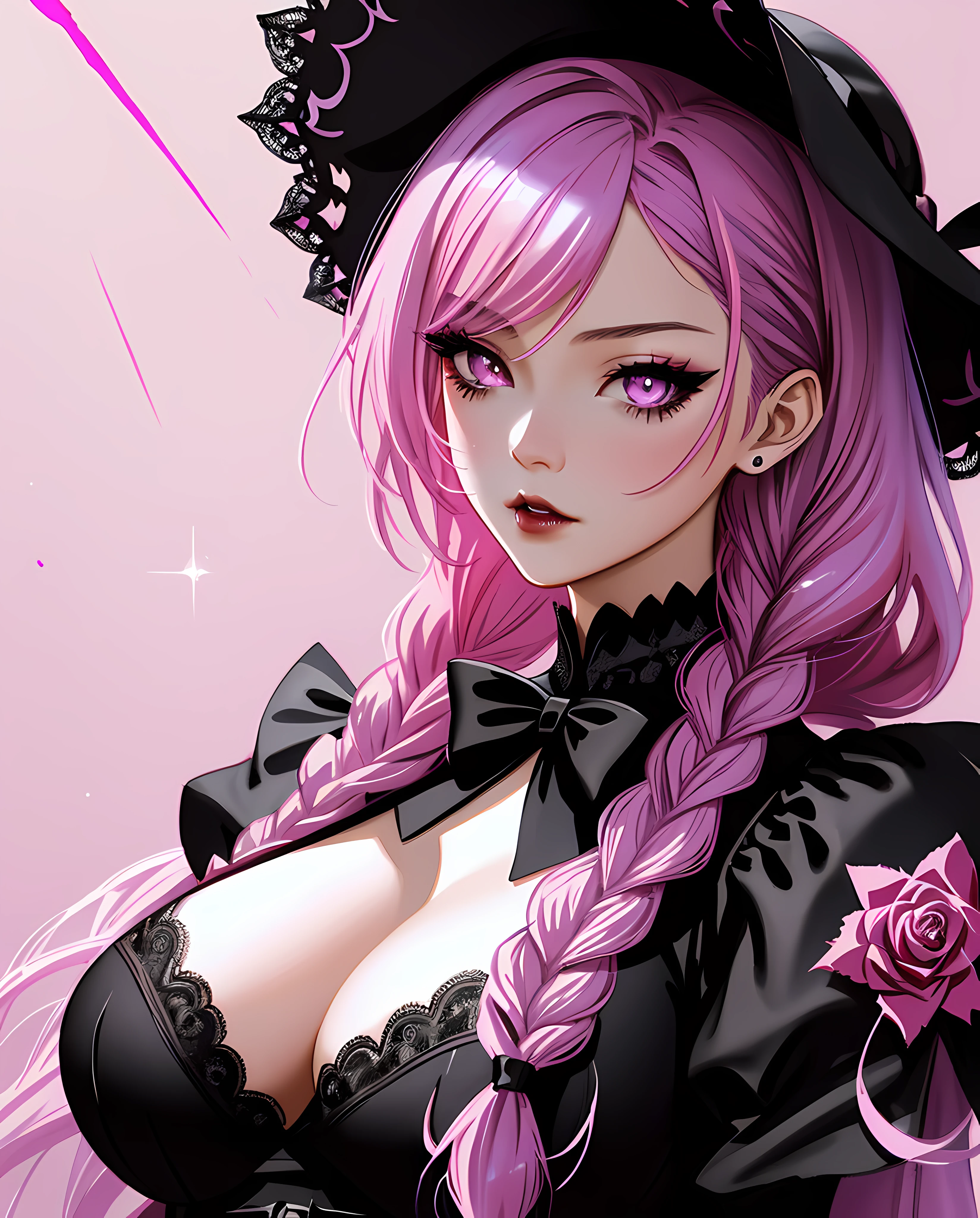 sticker, anime Vampire girl, long pink hair, (black streak braids), gothic style, roses in hair,dark black eyelashes, lilac irises, big breasts, black lace dress, digital illustration, comic style, gothic renaissance, perfect anatomy, centered, approaching perfection, dynamic, highly detailed, watercolor painting, artstation, concept art, smooth, sharp focus, illustration, art by wlop and ross tran, glitter, pink and violet tetradic colors