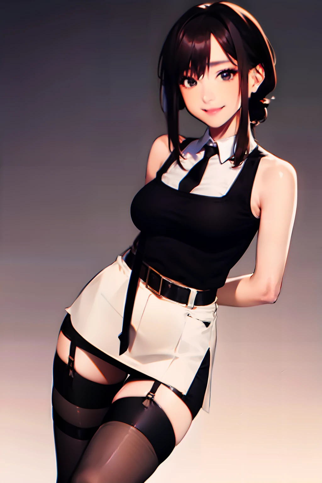 a belt　　　　　suspenders　　Black miniskirt　neck tie　Black tank top　　　　Black stockings　　　　Brown hair　poneyTail　Gray eyes　　holster　bobby　Garter belt on the legs 　Brown hair　a smile　piece　Moderate breasts