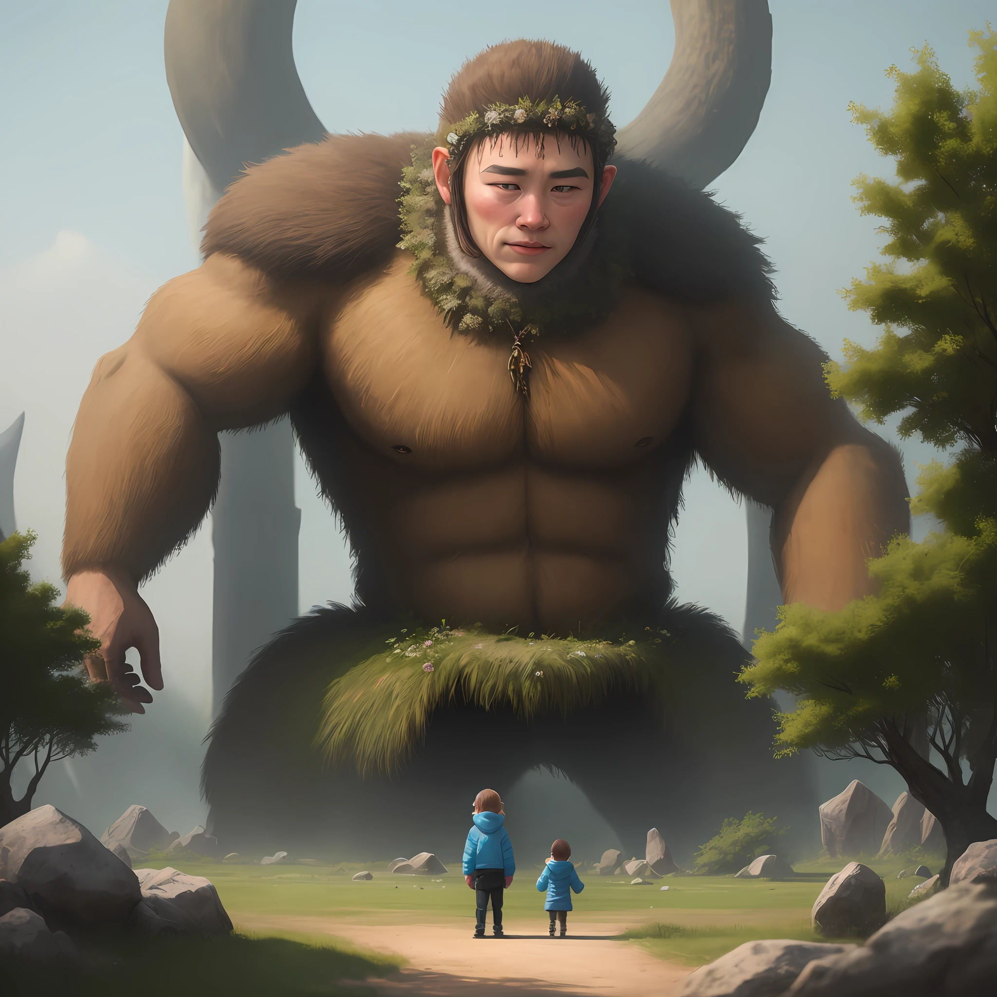A very small person watching the goddess of giants