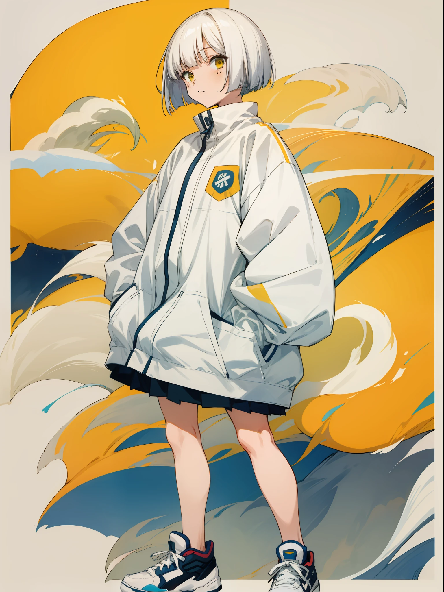 masutepiece, One girl, White Bob Cut, windbreaker, sneakers, spats, to stand, Have a lemon, Flat_Color