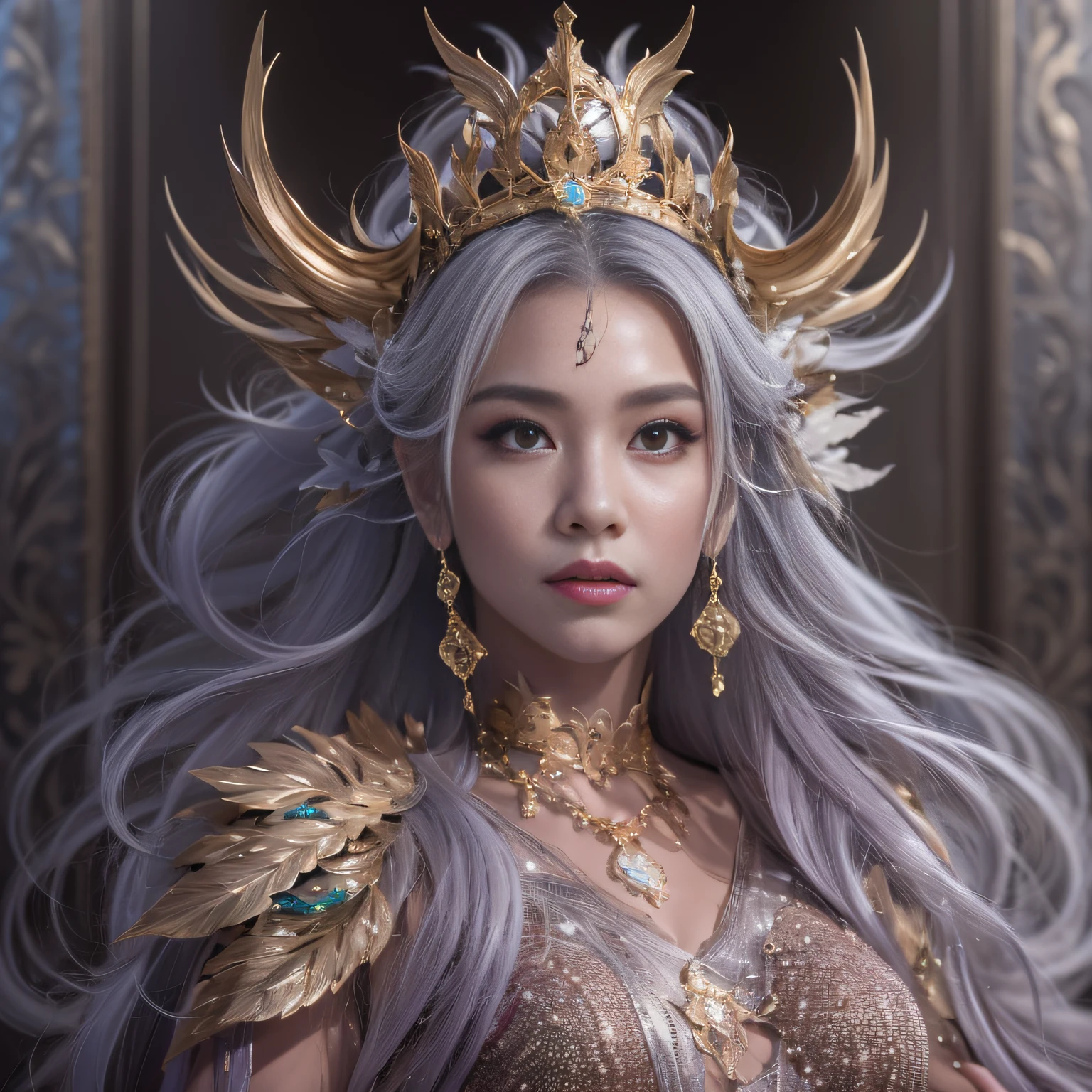 16k(tmasterpiece,k hd,hyper HD,16k)short detailed hair,Gold jewelry area in the back room,Female king ,Silver Dragon Protector (realisticlying:1.4),Python pattern robe,Purple-pink tiara,Snowflakes fluttering,The background is pure,Hold your head high,Be proud,The nostrils look at people, A high resolution, the detail, RAW photogr, Sharp Re, Nikon D850 Film Stock Photo by Jefferies Lee 4 Kodak Portra 400 Camera F1.6 shots, Rich colors, ultra-realistic vivid textures, Dramatic lighting, Unreal Engine Art Station Trend, cinestir 800,Hold your head high,Be proud,The nostrils look at people