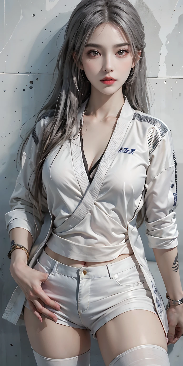 photorealistic, high resolution, soft light,1women, solo, hips up, look at viewer, (detailed face), long hair, silver hair, bright eyes, karate uniform,tattoo, jewelry