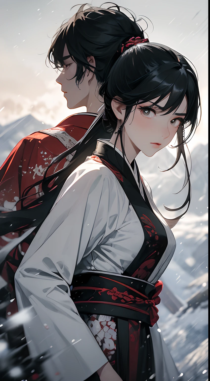 A man and a woman,(two guys),back-to-back,Hold a knife in your hand,The knife is in front of you,Gorgeous light gauze Hanfu,Angry expressions,Separate bangs,Raise an eyebrow,Ponytail hairstyle,Heavy snow fell,fightingpose,snowy mountain background,Third Person View,dynamic blur,Detailed representation,8k