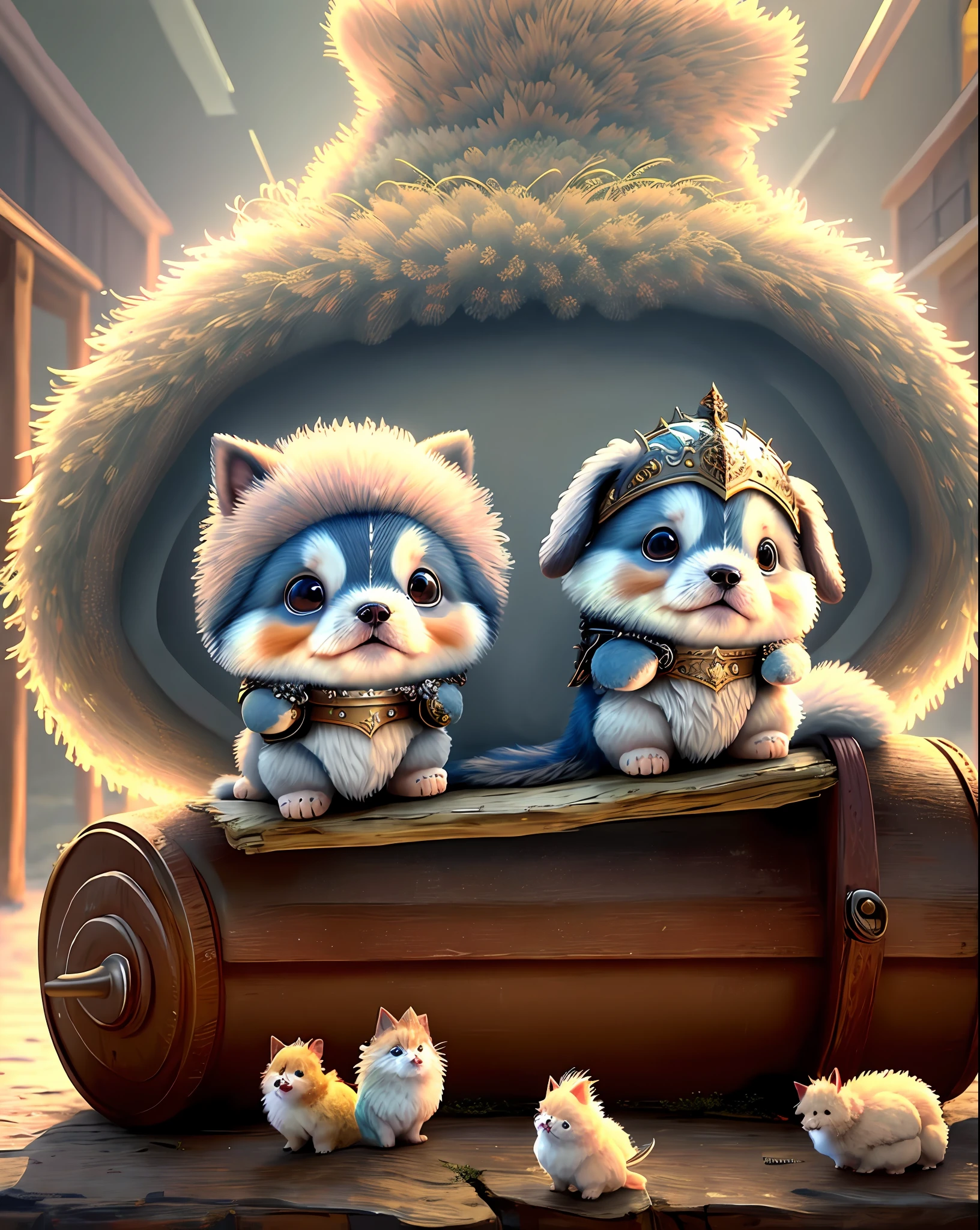 Top image quality、"Create a masterpiece of cute creatures. (a Dog), high detailing, in 8K、Top image quality、Dressed as an adventurer、Holding a sword and shield in your hand、