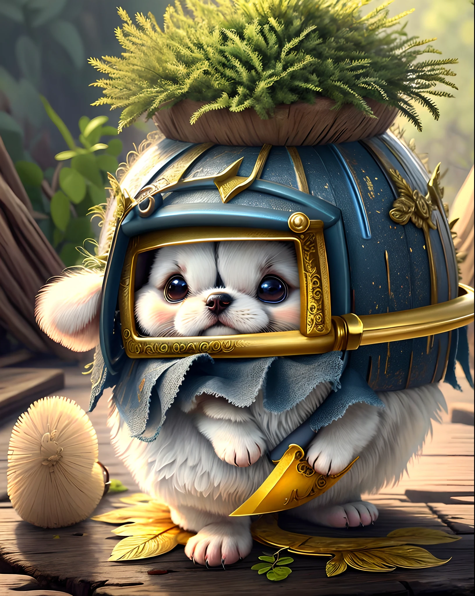 Top image quality、"Create a masterpiece of cute creatures. （a Dog）, high detailing, in 8K、Top image quality、Dressed as an adventurer、Holding a sword and shield in your hand、