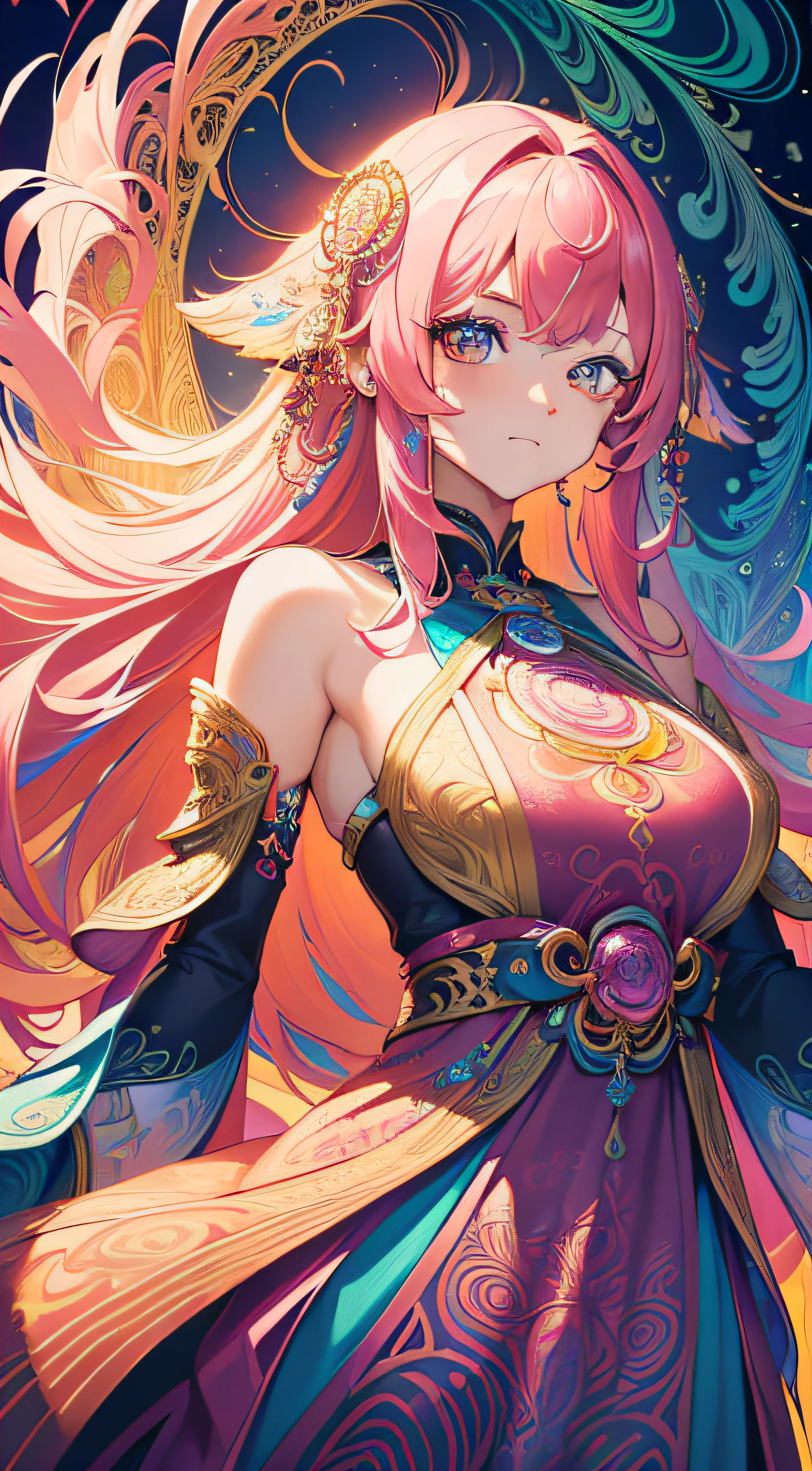 (masterpiece, top quality, best quality, official art, beautiful and aesthetic:1.2), (1girl:1.3), extremely detailed,(fractal art:1.2),colorful, highest detailed, (zentangle:1.2), (dynamic pose), (abstract background:1.5), (treditional dress:1.2), (shiny skin), (many colors:1.4), upper body, yae miko, pink hair, shine hair,