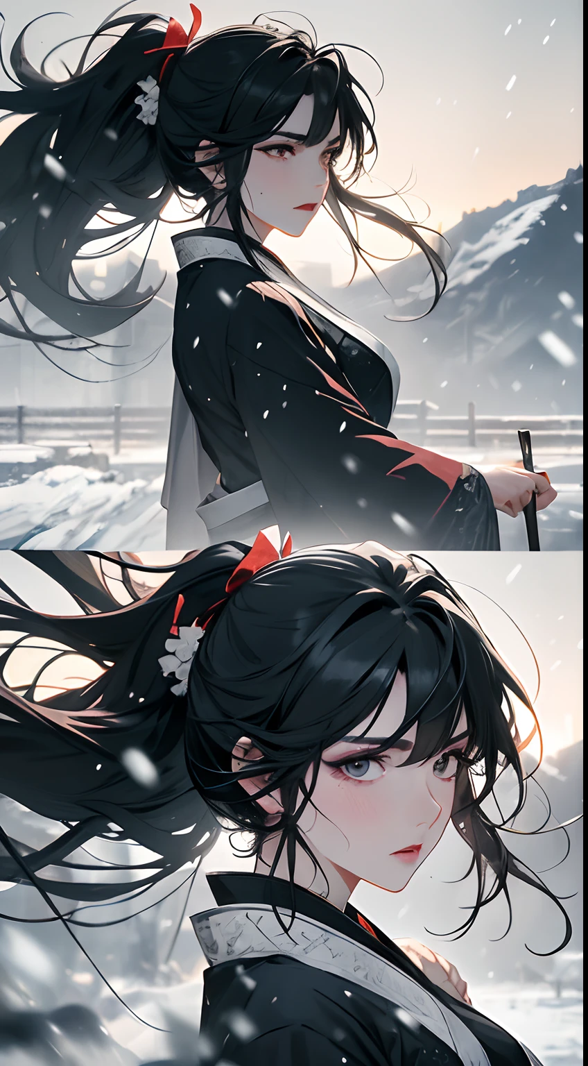 A man and a woman，(two guys)，back-to-back，Hold a knife in your hand，The knife is in front of you，Gorgeous light gauze Hanfu，Angry expressions，Separate bangs，Raise an eyebrow，Ponytail hairstyle，Heavy snow fell，fightingpose，snowy mountain background，Third Person View，dynamic blur，Detailed representation，8k