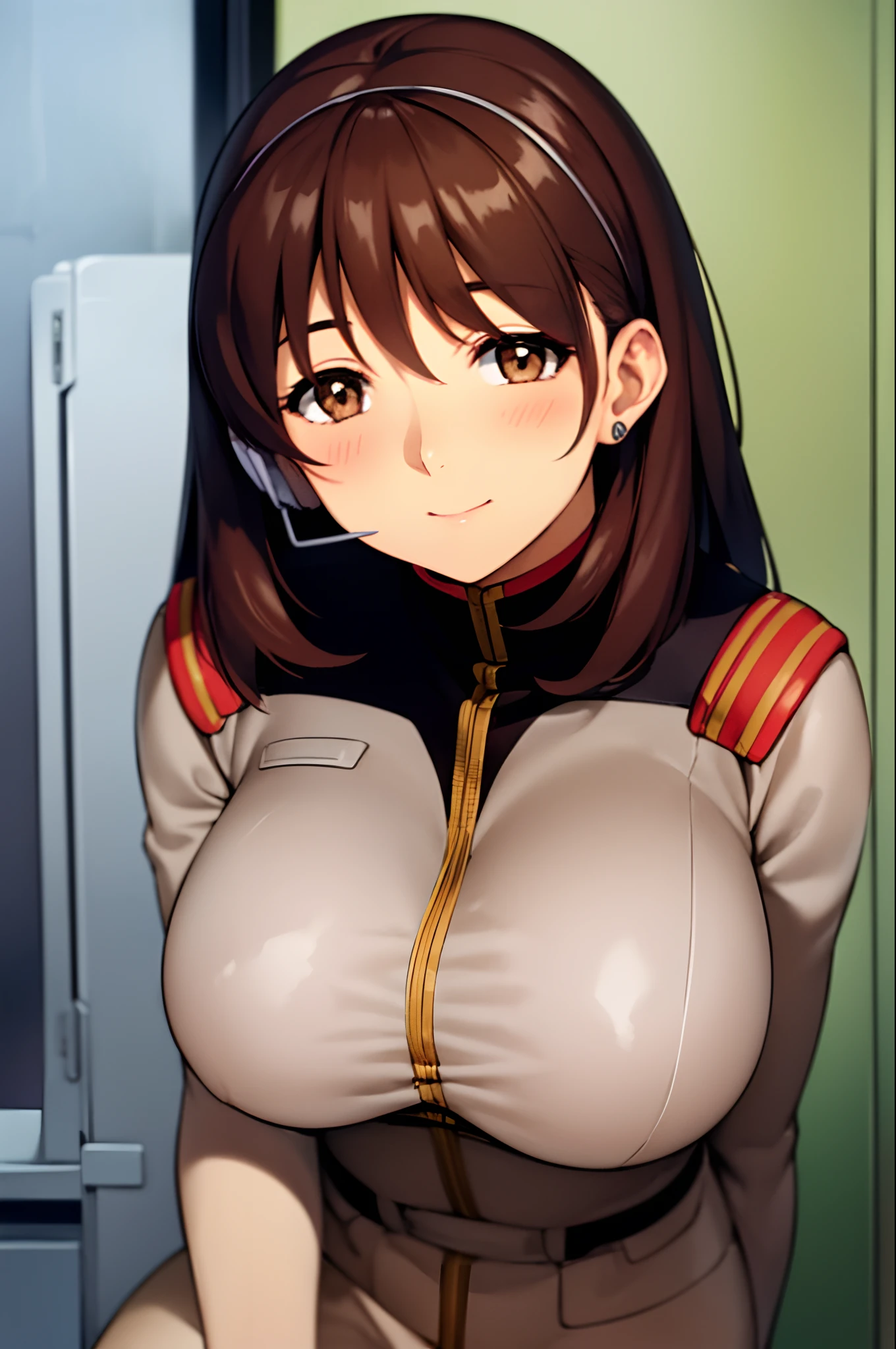 (Night:1.7), Japan, Tokyo, CityView, Before Window,(Close-Up),(upper_body),
Standing at attention,in a room with a wall and a door behind her,upper body,
military uniform, 
 brown hair,brown eyes,short hair,headphone,
1 girl, 24yo,mature female,Beautiful Finger,Beautiful long legs,Beautiful body,Beautiful Nose,Beautiful character design, perfect eyes, perfect face,
looking at viewer, in the center of the image,
NSFW,official art,extremely detailed CG unity 8k wallpaper, perfect lighting,Colorful, Bright_Front_face_Lighting,
(masterpiece:1.0),(best_quality:1.0), ultra high res,4K,ultra-detailed,
photography, 8K, HDR, highres, absurdres:1.2, Kodak portra 400, film grain, blurry background, bokeh:1.2, lens flare, (vibrant_color:1.2)
(Beautiful,large_Breasts:1.4), (beautiful_face:1.5),(narrow_waist),