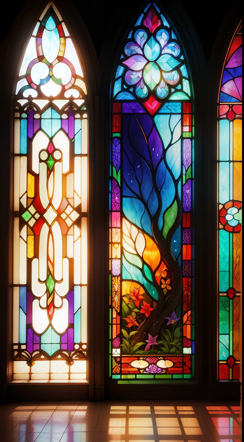 Vitral, Stained glass art depicting a multicolored fantasy garden.