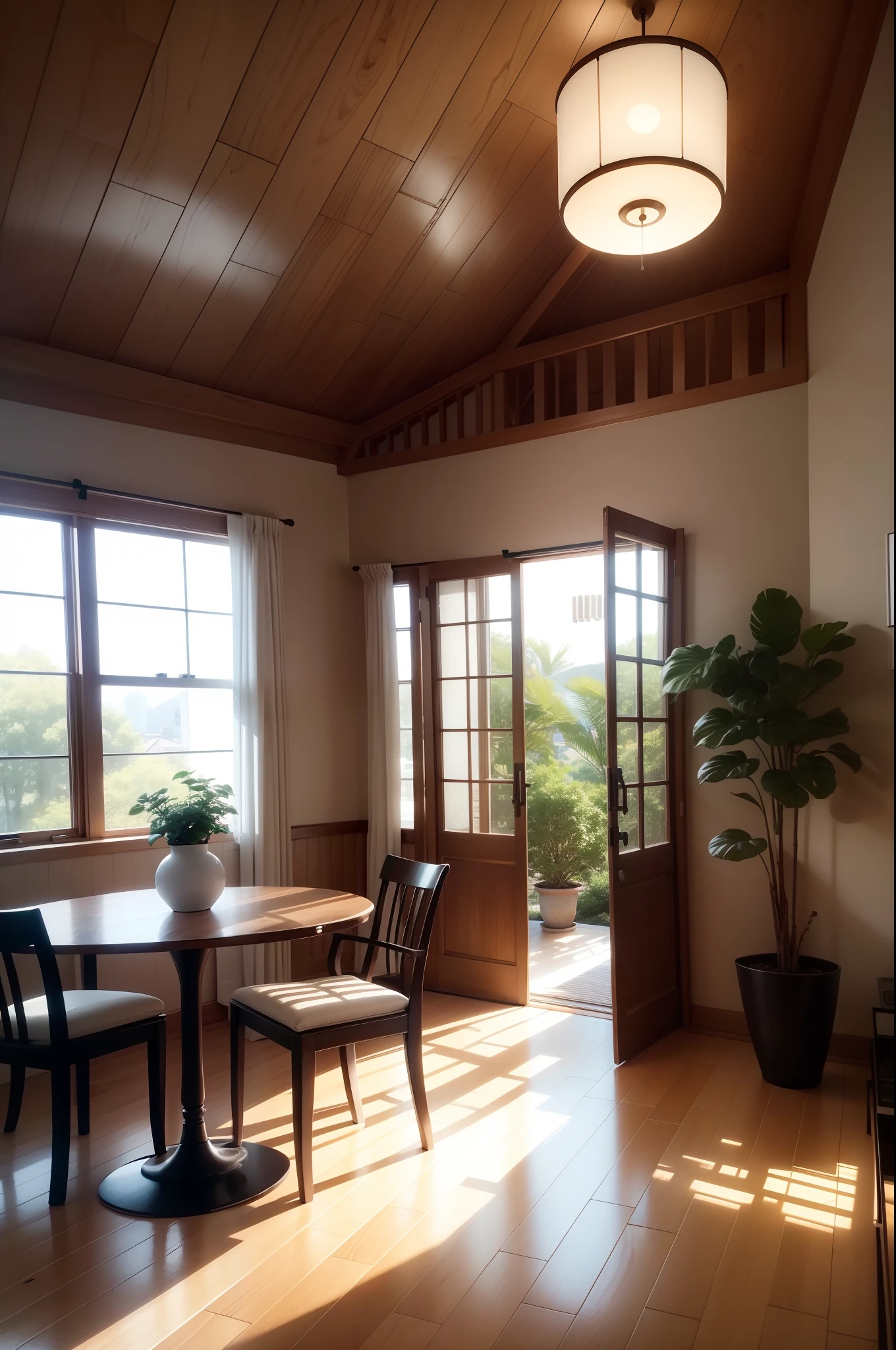 interior design、Insanely detailed wide-angle architectural photo、Cozy contemporary living room、(Bright and warm sunlight 1:0.1)、Award-winning contemporary interior design、landscapes、The table、a chair、in a house、Wooden flooring、window、resturant、east asian east asian architecture、sliding paper doors、abajour、architectural、the woods、naturey、cups、a plant、interior design、Insert lighting and shadows、depth of fields、low illuminance