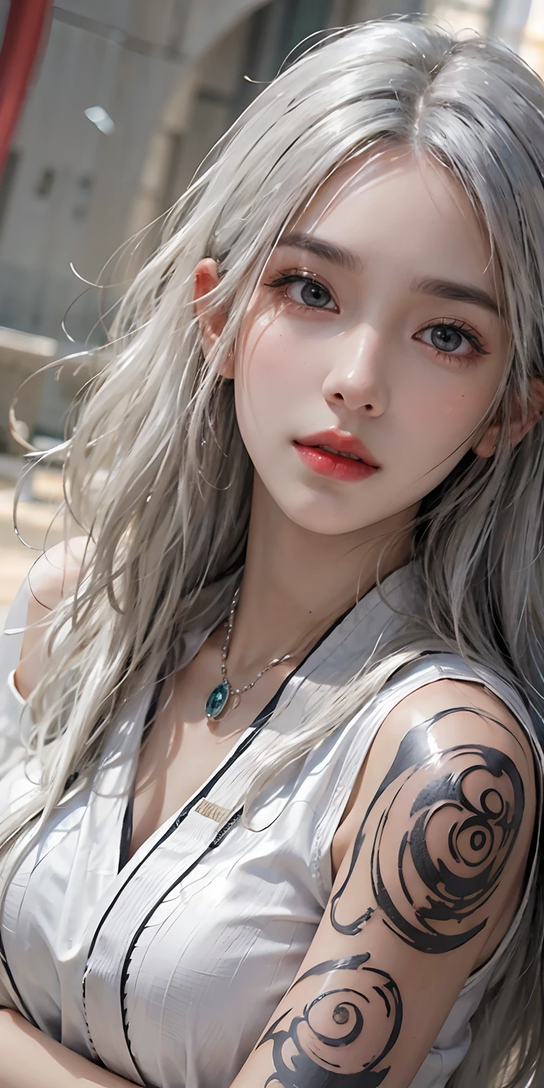 photorealistic, high resolution, soft light,1women, solo, hips up, look at viewer, (detailed face), long hair, silver hair, bright eyes, karate uniform,tattoo, jewelry