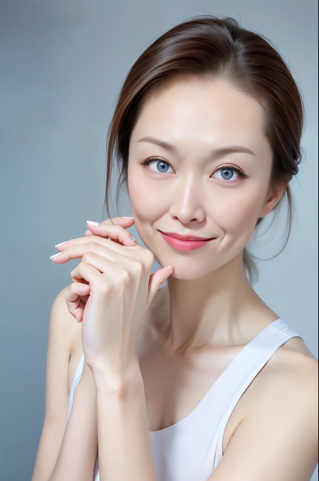 (RAW photo, best quality), (realistic, photo-realistic:1.3), masterpiece, an extremely delicate and beautiful, extremely detailed, CG, unity , 2k wallpaper, Amazing, finely detail, light smile, extremely detailed CG unity 8k wallpaper, huge filesize, ultra-detailed, highres, absurdres, soft light, (((medium hair:1.3), short bang, black hair, floating hair novafrogstyle)), beautiful detailed girl, detailed fingers, extremely detailed eyes and face, beautiful detailed nose, beautiful detailed eyes, long eyelashes, light on face, looking at viewer, (closed mouth:1.2), 1girl, cute, young, mature face, (small breasts), realistic face, realistic body, beautiful detailed thigh, (ulzzang-6500-v1.1:0.8), beautiful legs, beautiful eyes, abs, (Hair up hair:1.5, hairpin:1.3), (Lipstick:1.2, makeup:1.2, blue eyes:1.2), (White skin:1.5), noon, (sexually suggestive:1.5), (skindentation:1.5), Sunlight, Shock can be seen, Transparent sailor suit, smile